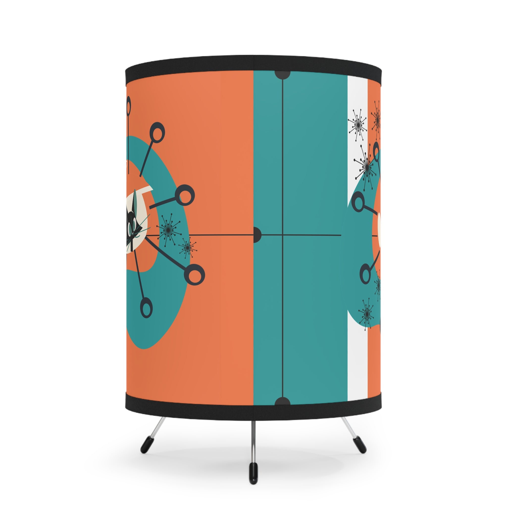 Mid Century Modern Atomic Cat Space Kittie Orange, Teal Tripod Lamp - Mid Century Modern Gal