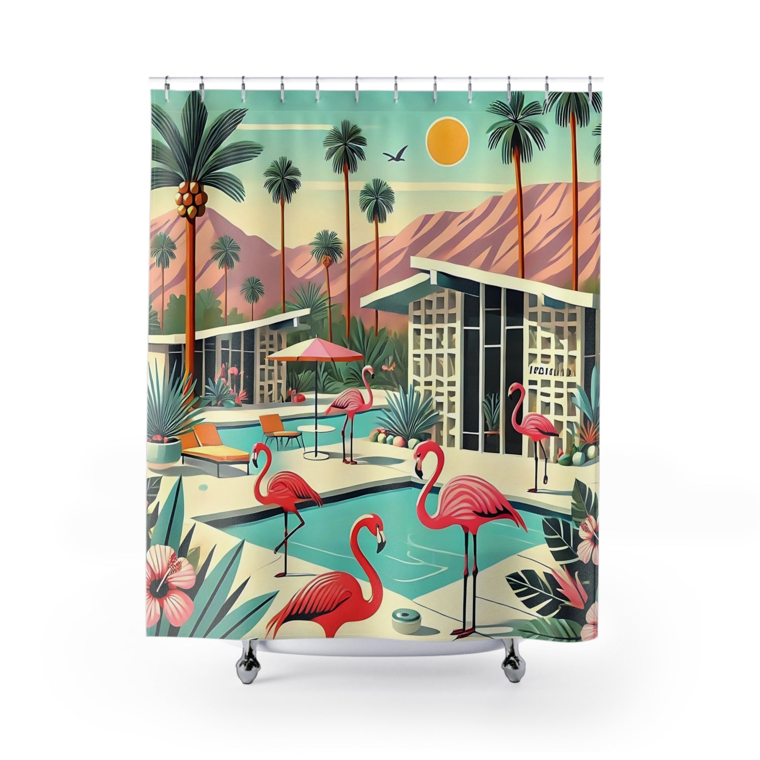 Mid Century Modern 50s Tropical Flamingo Shower Curtains - Mid-Century Modern Bathroom Décor - Mid Century Modern Gal