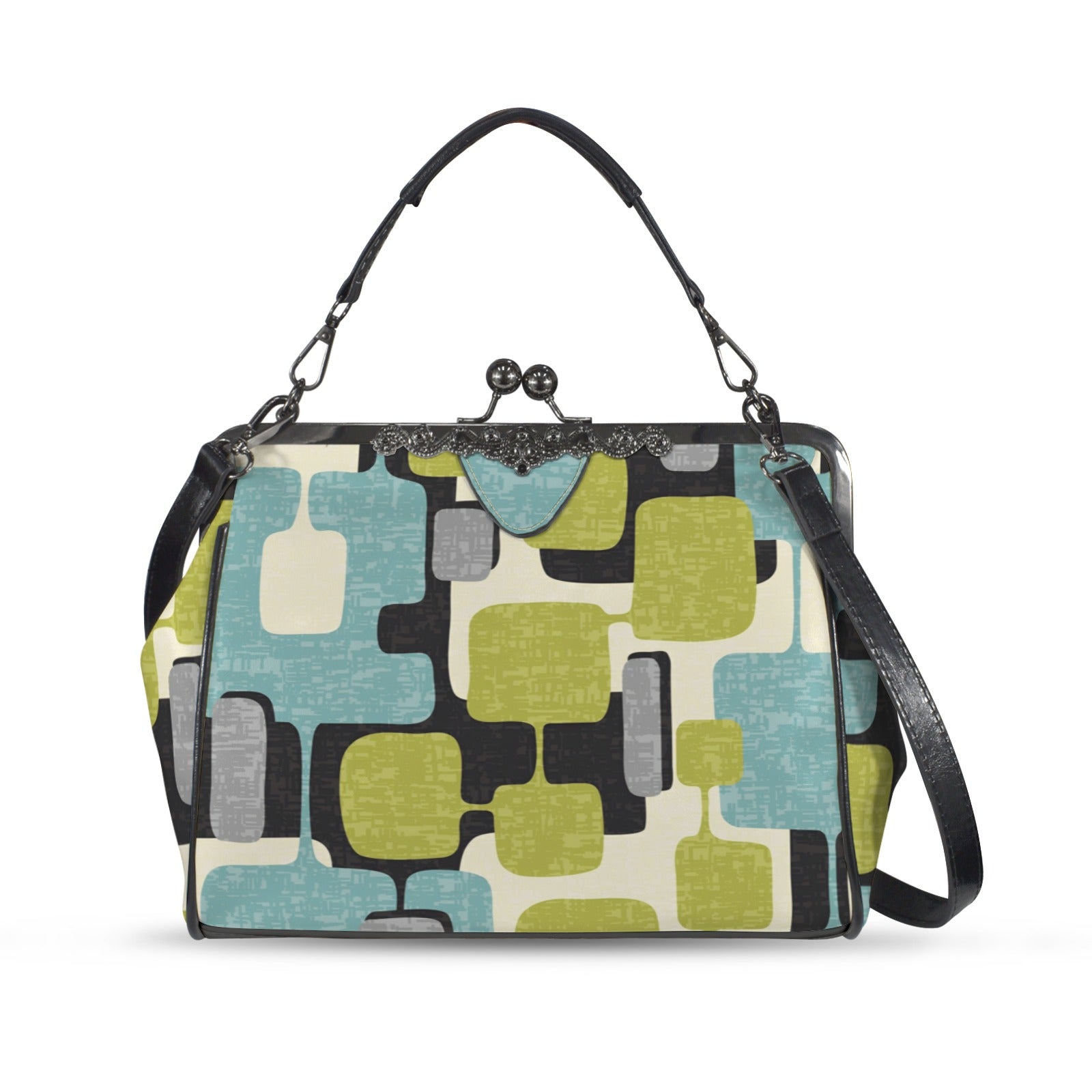 Mid Century Modern Geometric Designed Mod Teal Green Kisslock Crossbody Purse - Mid Century Modern Gal