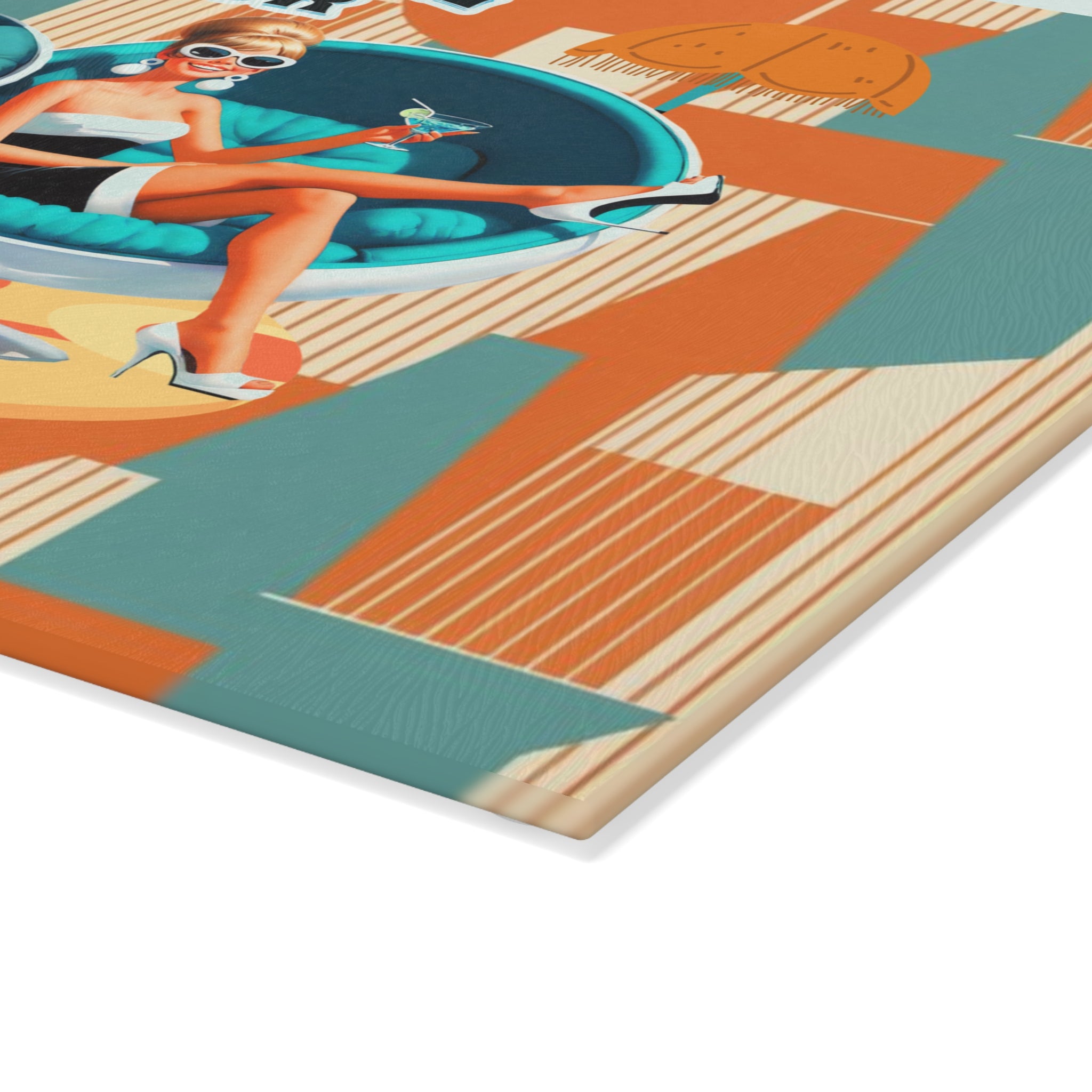 Mid Century Modern Barware Tabletop Glass Cutting Board With Mod 60s Couple,Retro Cocktail Hour - Mid Century Modern Gal