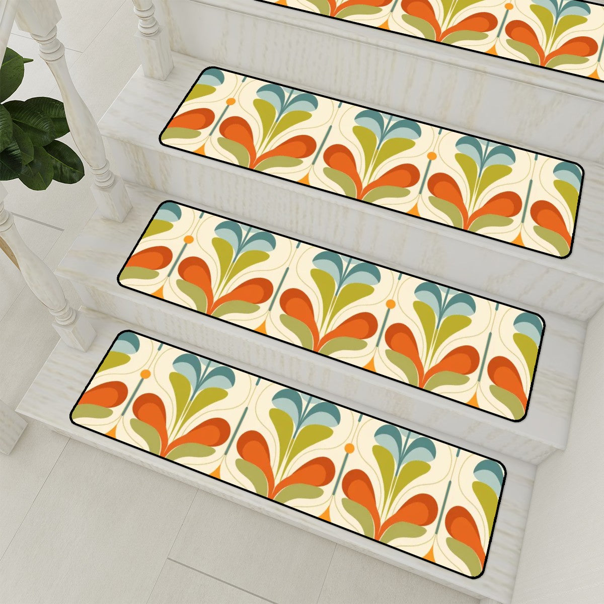 Mid Century Modern Groovy Mod Green, Orange, Blue Retro Non Slip Carpet for Stairs Treads - Mid Century Modern Gal