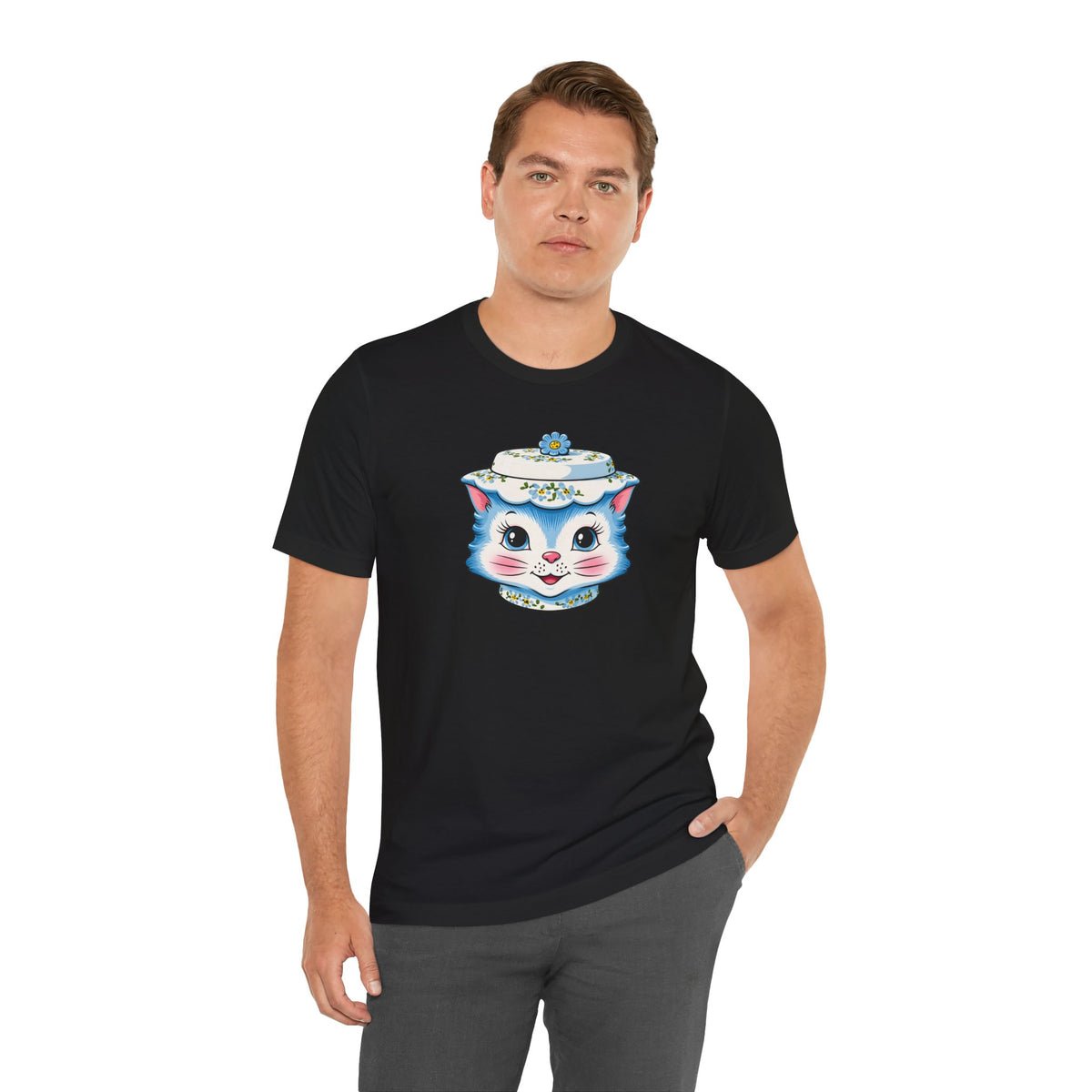 Mid Century Modern Kitschy Anthropomorphic Blue Cat with Floral Hat Unisex T-Shirt