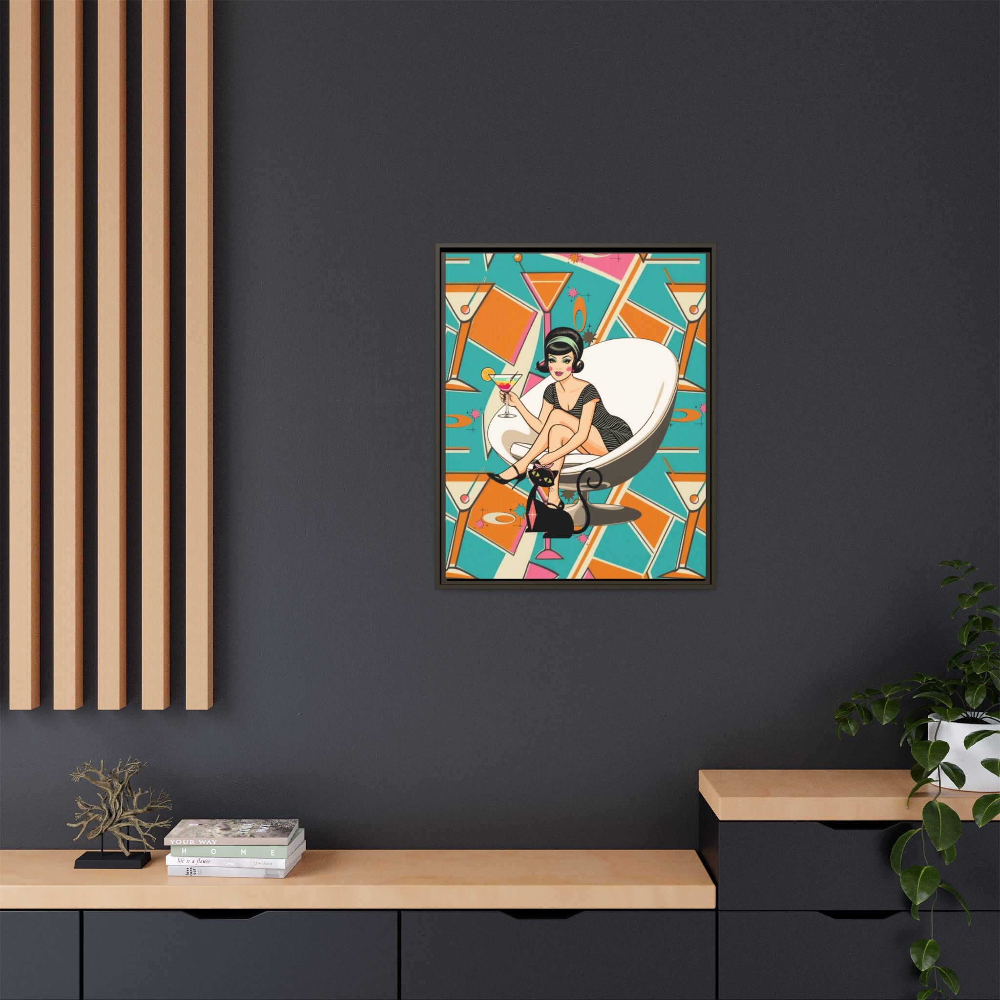 Mid Mod 60s Gal, Atomic Cat Barware Wall Art - Framed Matte Canvas with Vintage Cocktail And Retro Cat Design