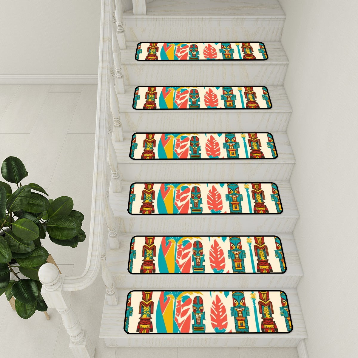 Mid Century Modern Tiki Idols, Coral, Teal Brown Mid Mod Retro Non Slip Carpet for Stairs Treads - Mid Century Modern Gal