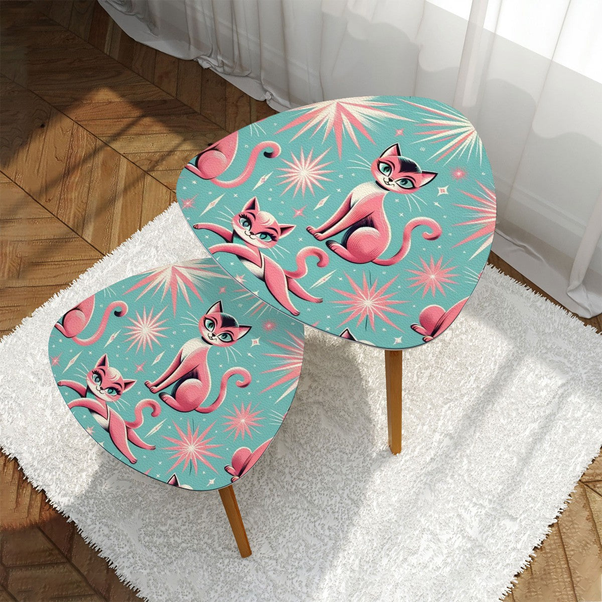Atomic Aqua Pink Starburst Mid Century Modern Nesting Tables, Kitschy Pink Kitties - Mid Century Modern Gal