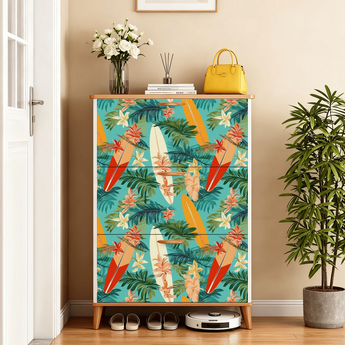 Mid Century Modern Polynesian Surfboard Shoe Storage Cabinet - Mid Century Modern Gal