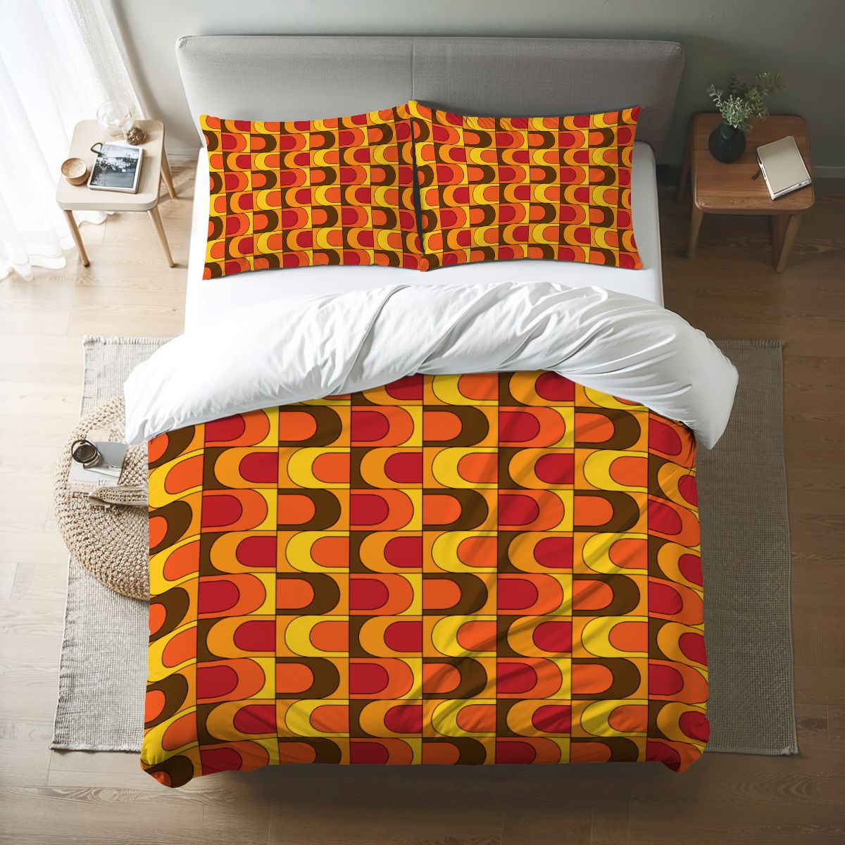 Retro 70s Mid Mod Groovy Orange, Brown Yellow, Red, MCM Queen Duvet Cover Set - Mid Century Modern Gal