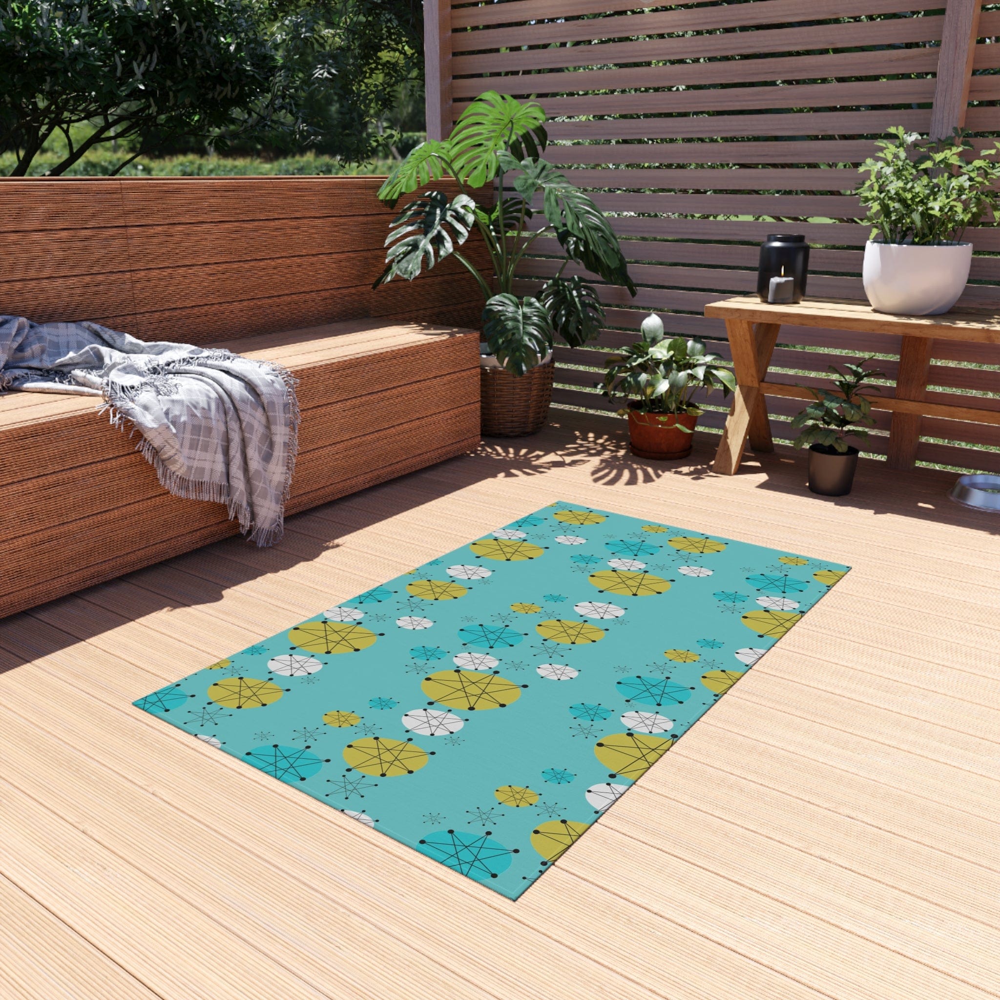 Mid Century Modern Design Francsican Starburst Atomic Aqua Blue Patio Rug, 50&