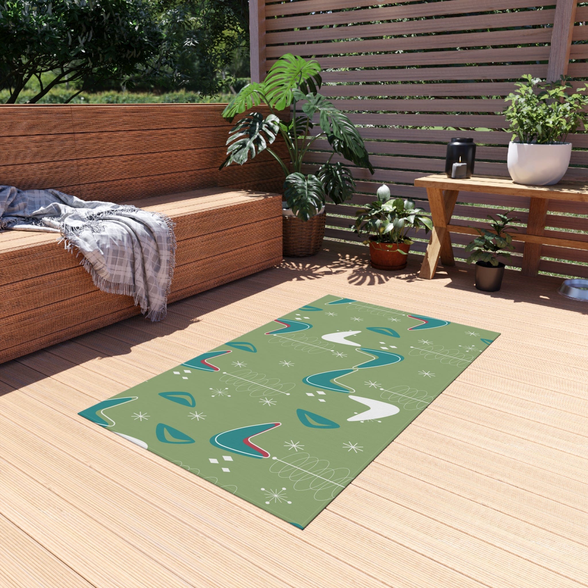 Mid Century Modern Designed, Boomerang Green, Teal, White, Mid Mod Atomic Space Indoor Outdoor Rug Home Decor 36" × 60"