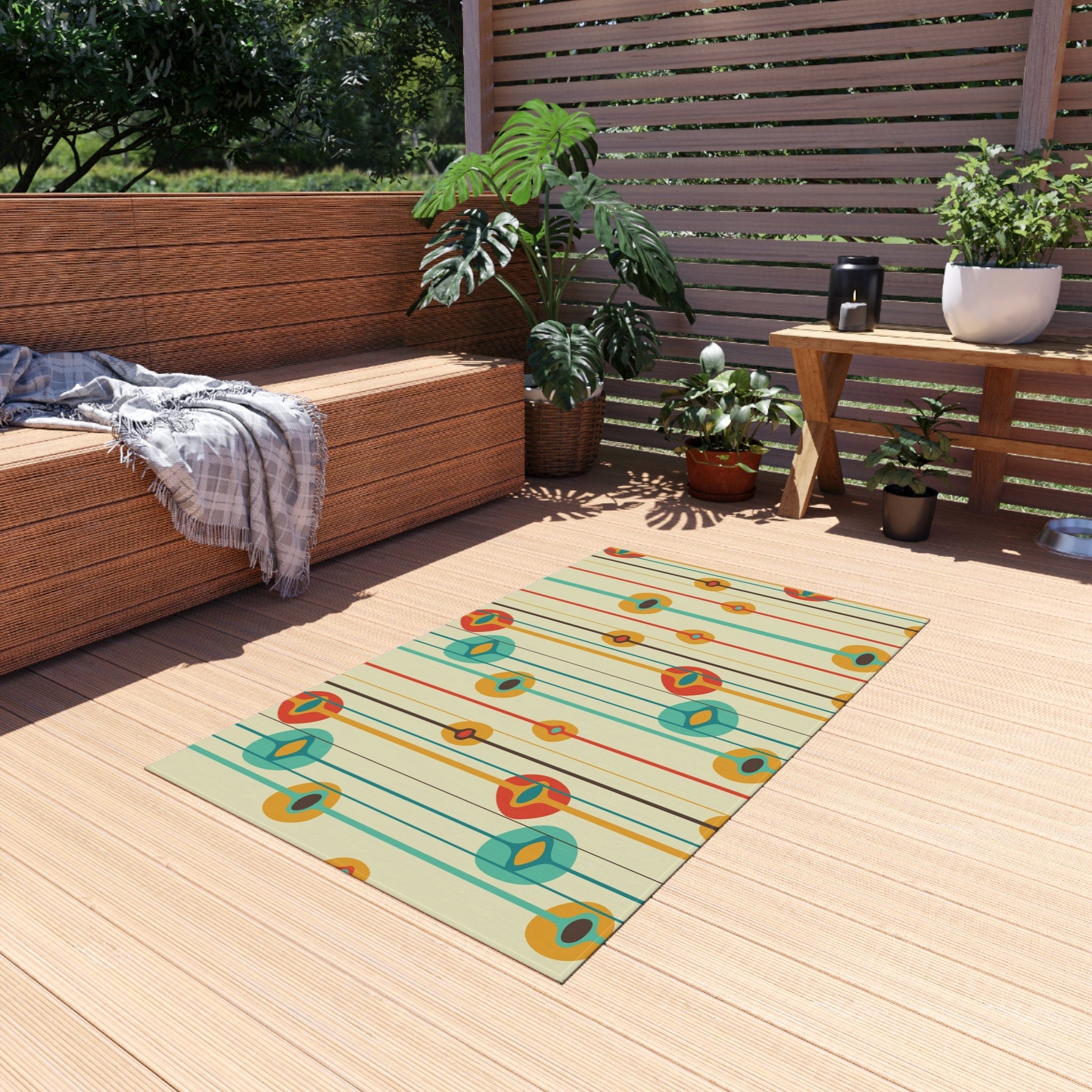 Mid Century Modern Geometric, MCM Indoor, Outdoor Rug, Teal, Aqua, Burnt Orange, Mustard Yellow, California, Florida Patio Rug Home Decor 36" × 60"