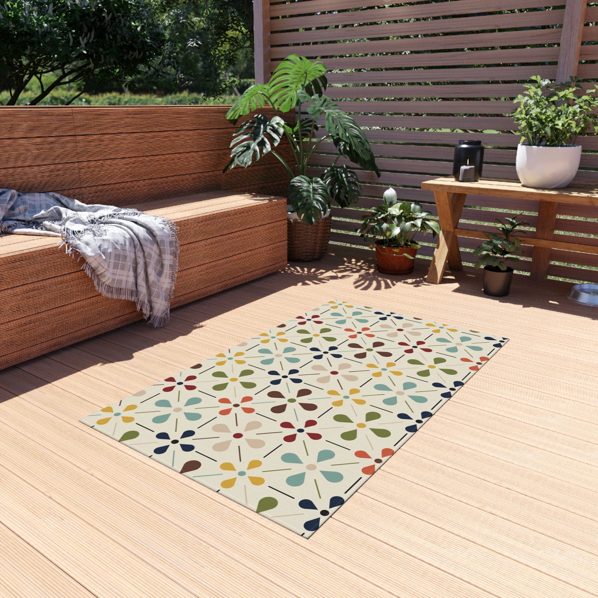 Mid Century Modern Scandinavian Flower, Mid Mod Retro Beige, Green, Aqua, Green, Orange, Indoor-Outdoor Rug Home Decor 36" × 60"