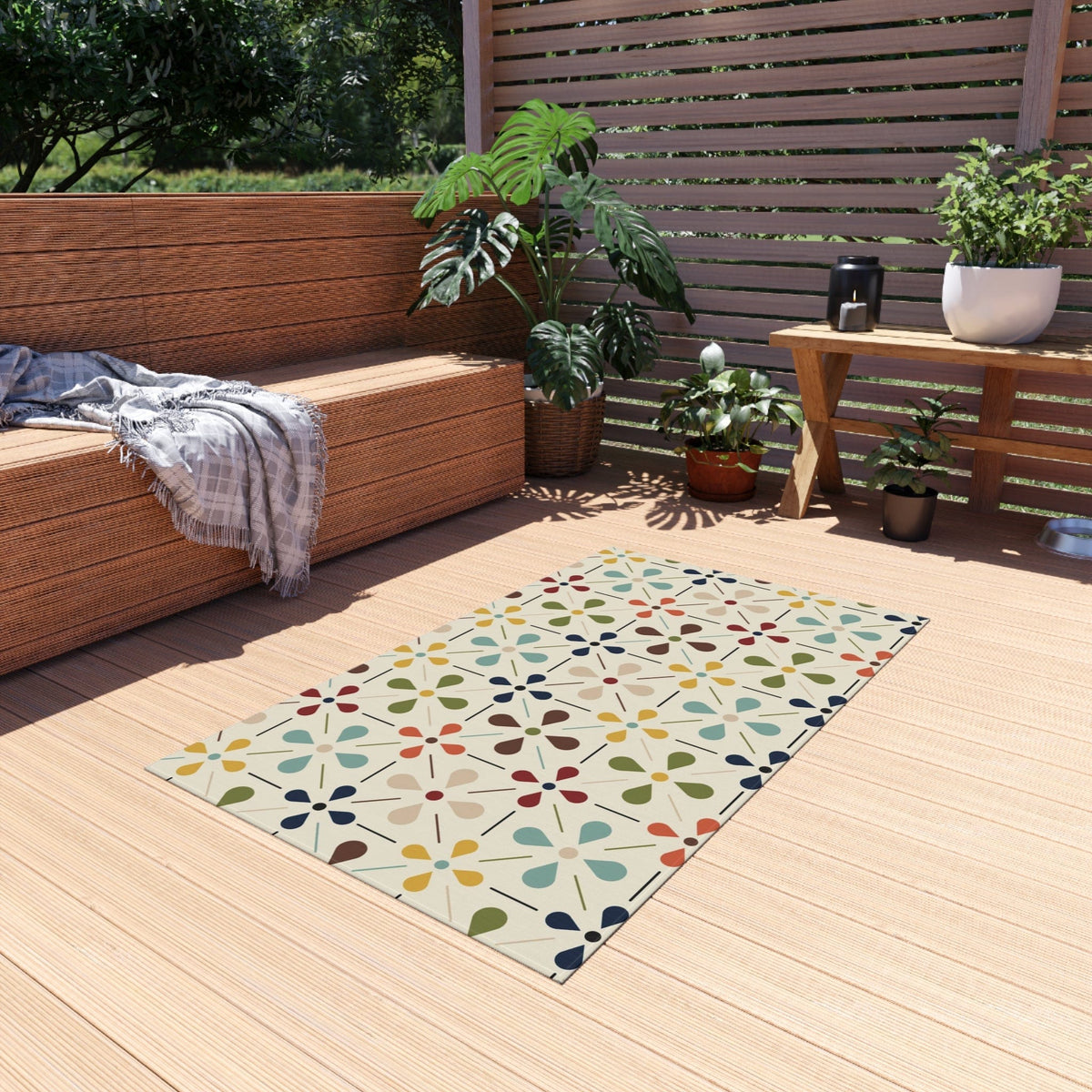 Mid Century Modern Scandinavian Flower, Mid Mod Retro Beige, Green, Aqua, Green, Orange, Indoor-Outdoor Rug Home Decor 36" × 60"