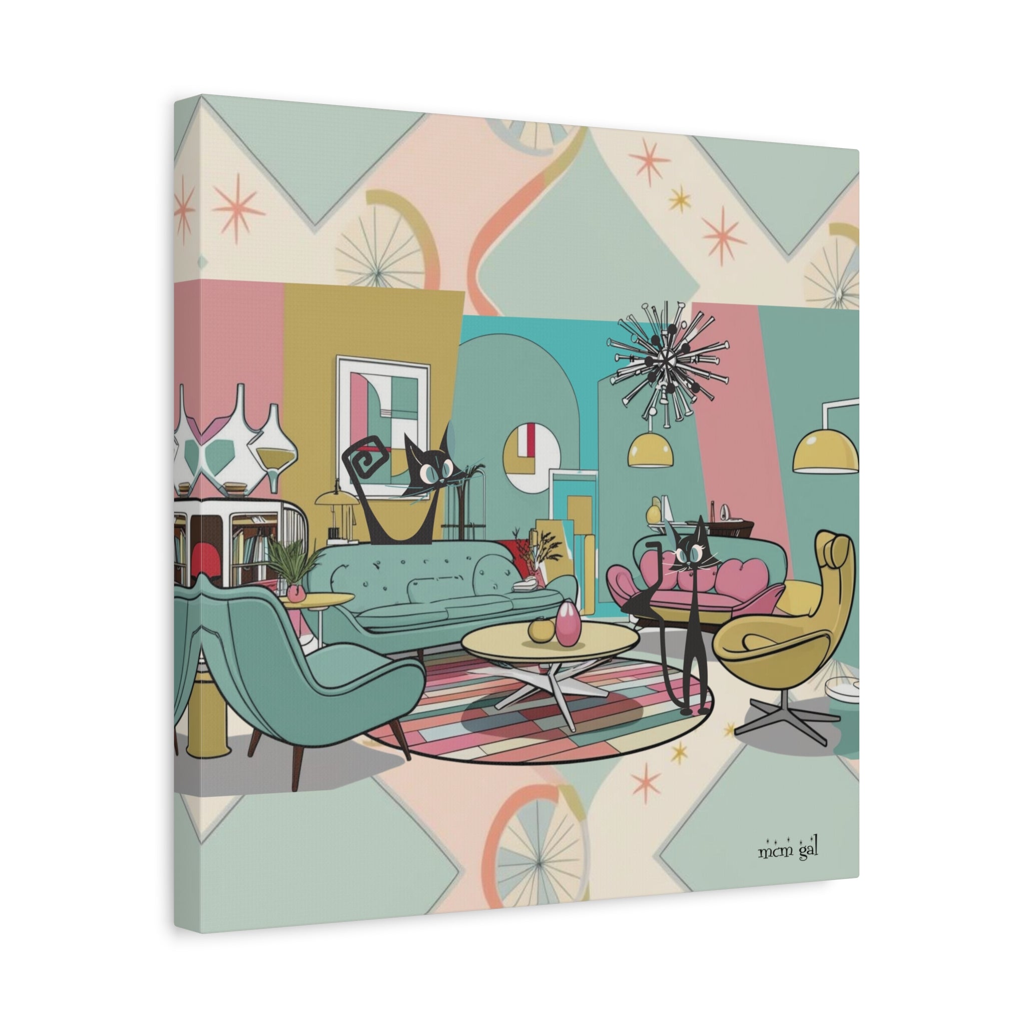 Mid-Century Modern Atomic Cat Kitschy Mod Living Room, Aqua, Pink, Starburst Original Art By MCM GAL - Mid Century Modern Gal
