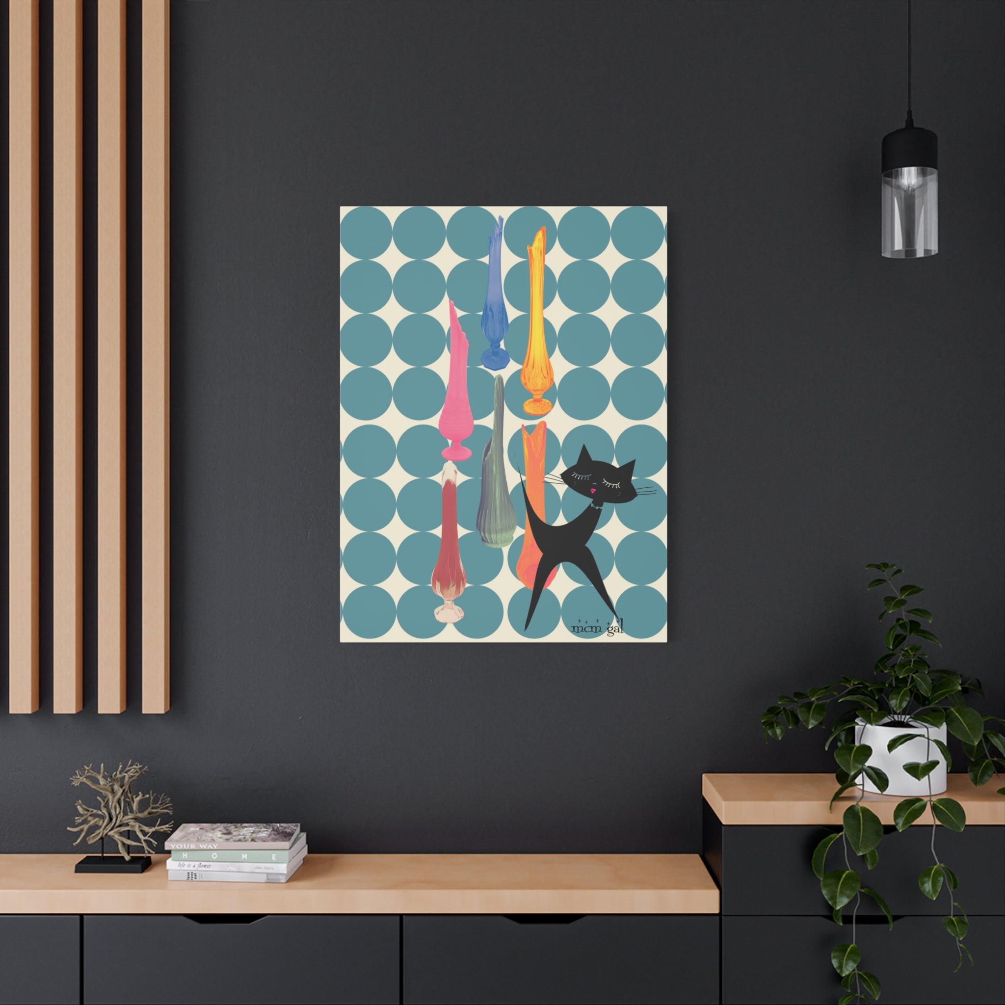Mid Century Modern Wall Art, MCM Swung Glass Whimsical Cat Artwork Canvas - Mid Century Modern Gal