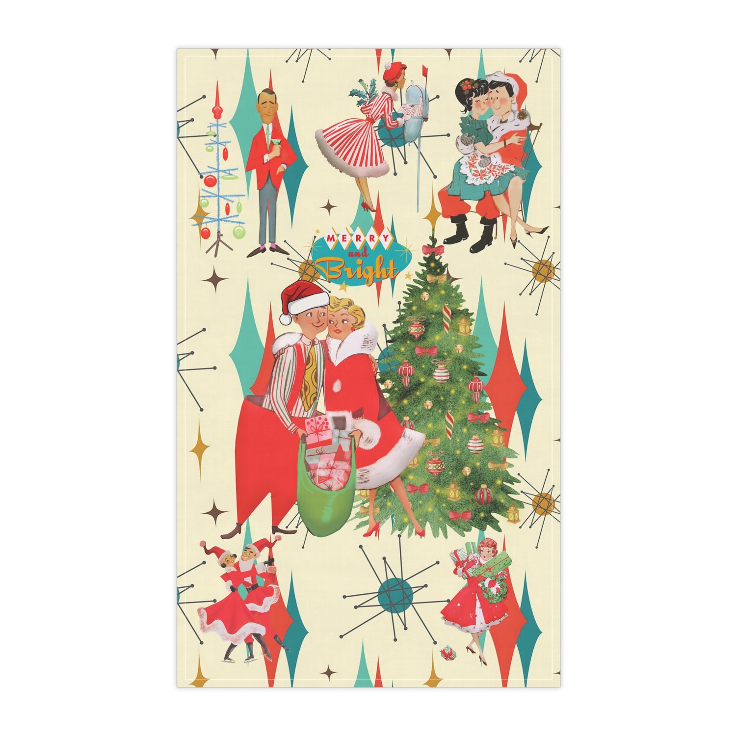 Vintage Christmas Tea Towels - Festive Holiday Decor with Retro Vintage Couples and Joyful Scenes - Mid Century Modern Gal