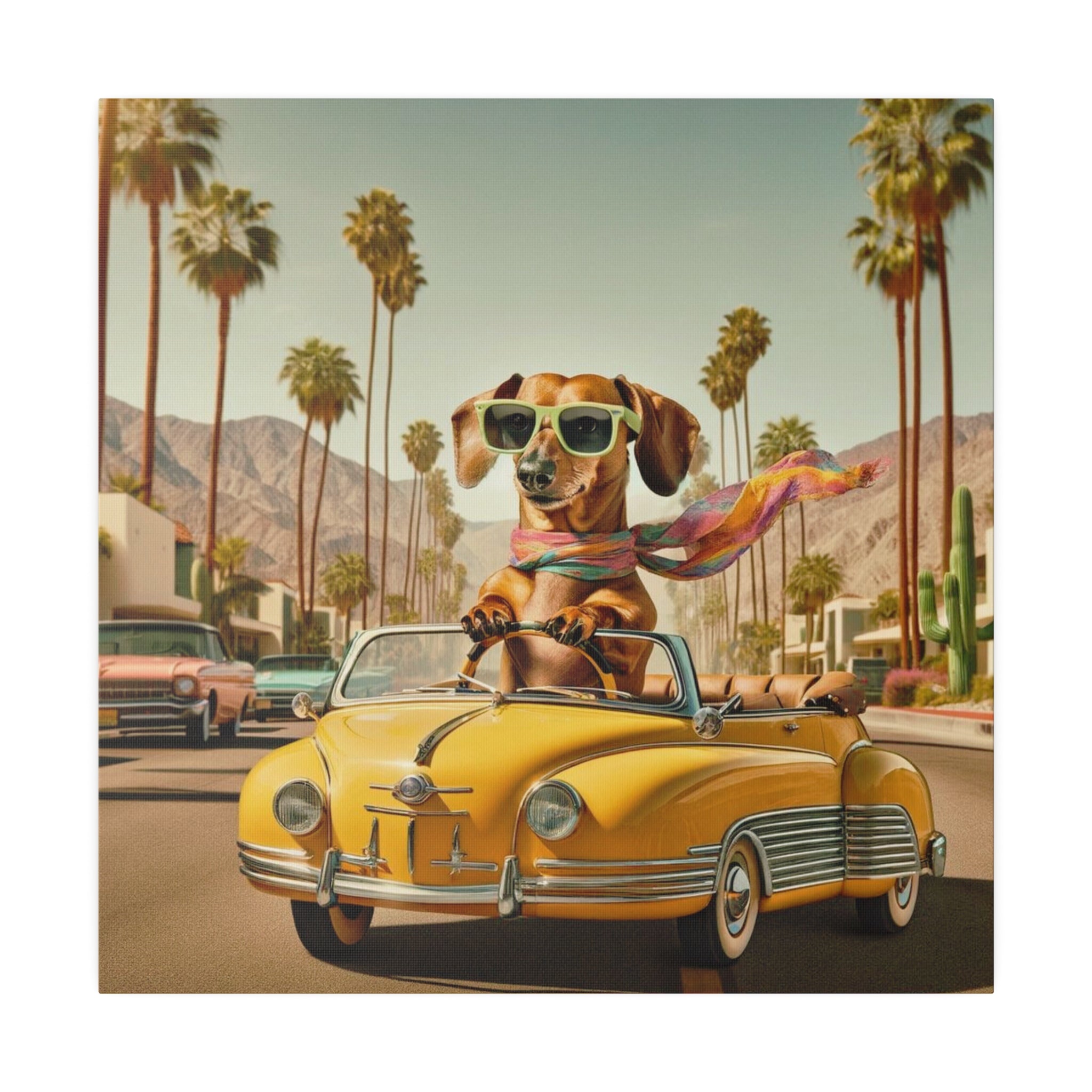 Funny Doxie Dachshund Palm Spring California Driving 50s Inspired Kitschy Wall Art - Mid Century Modern Gal
