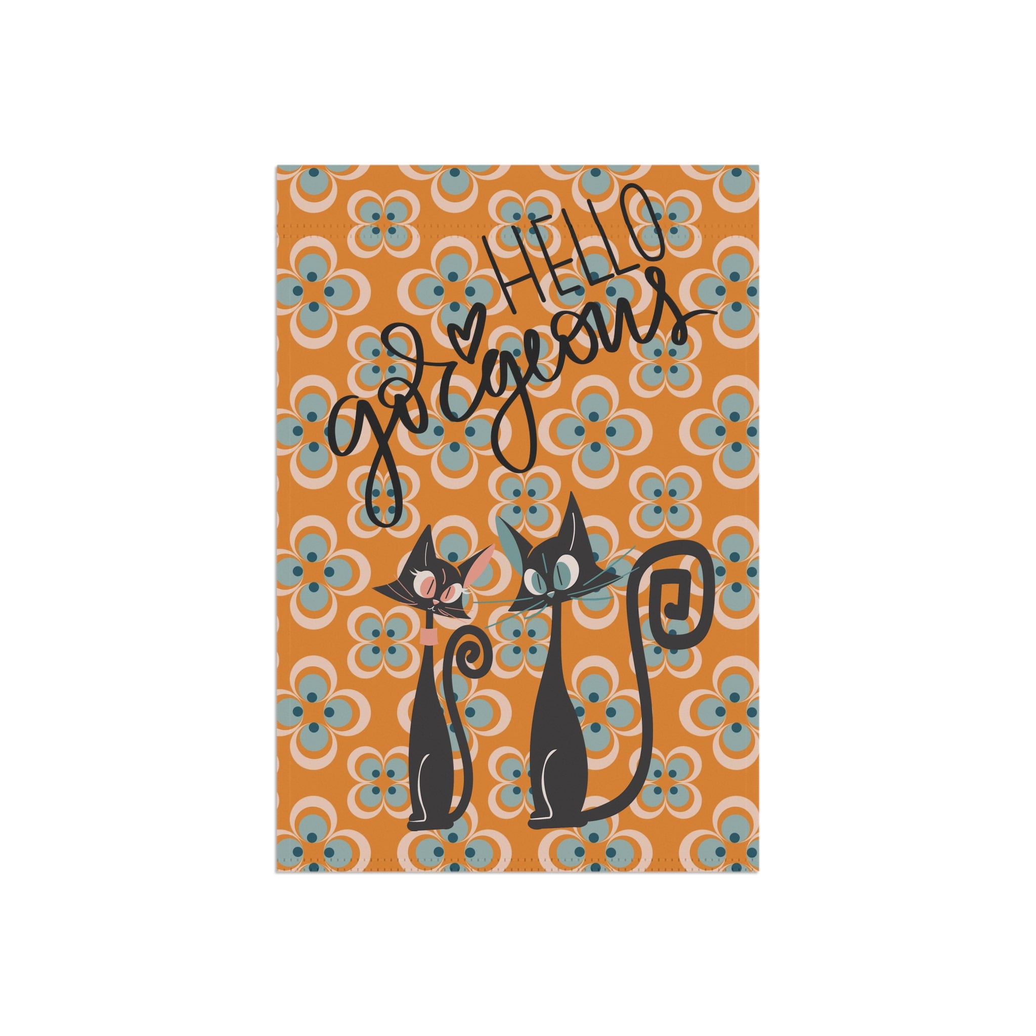 Atomic Cat Mid Mod Scandi Designed Orange Blue, Spring Summer Garden Flag - Mid Century Modern Gal