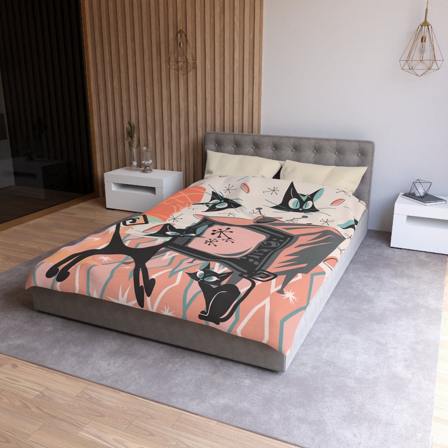 Mid Century Modern Bedding, Atomic Kitschy Cat, Retro TV, Whimsical Fun Quirky Bedroom Decor, In Coral Pink, Teal, Creamy Beige - Mid Century Modern Gal