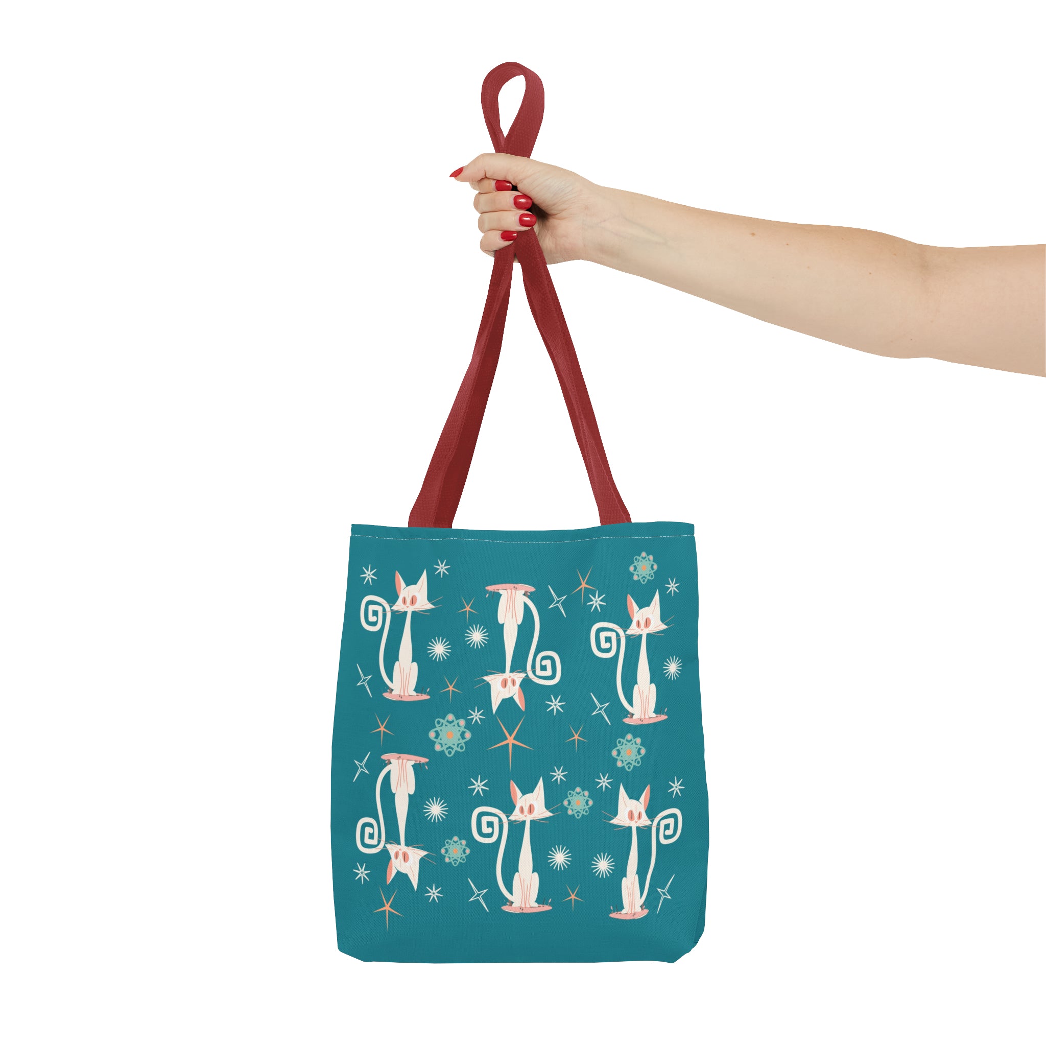 Atomic Kitties, White Kitschy Cats, Coral, Teal, Atomic Age Mid Century Modern Tote Bag - Mid Century Modern Gal