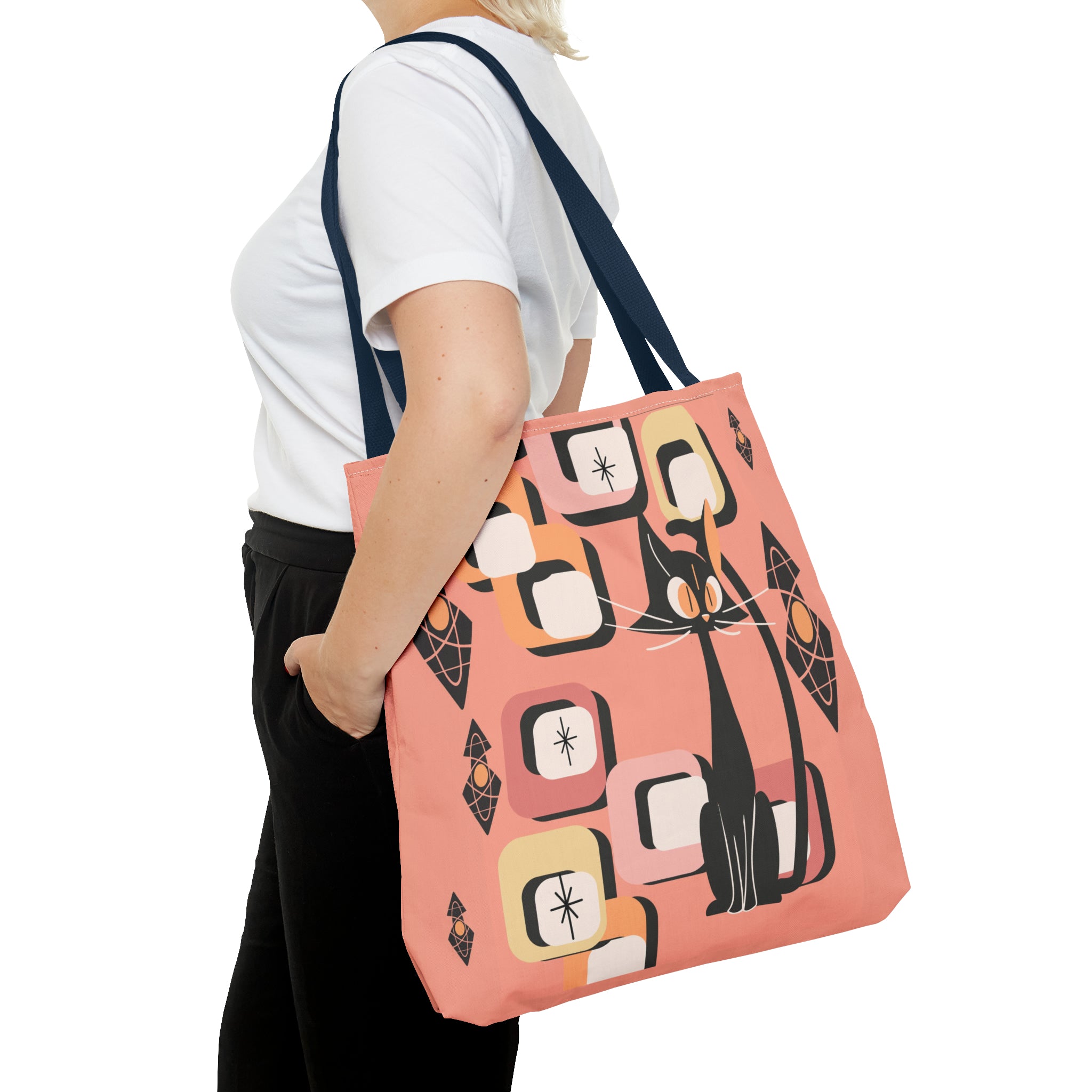 Atomic Cat Tote Bag, Coral Color, Mid Century Modern Geometric Designs, Mid Mod Retro Apparel - Mid Century Modern Gal