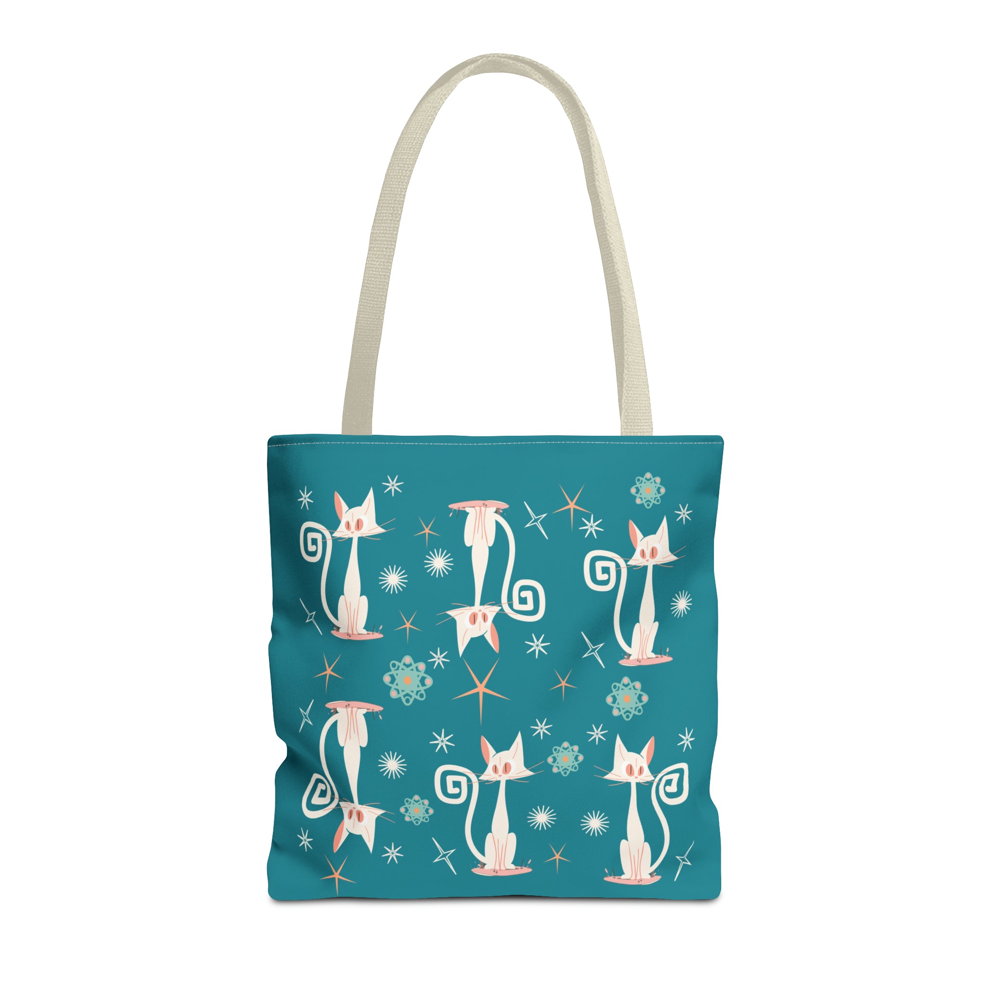 Atomic Kitties, White Kitschy Cats, Coral, Teal, Atomic Age Mid Century Modern Tote Bag