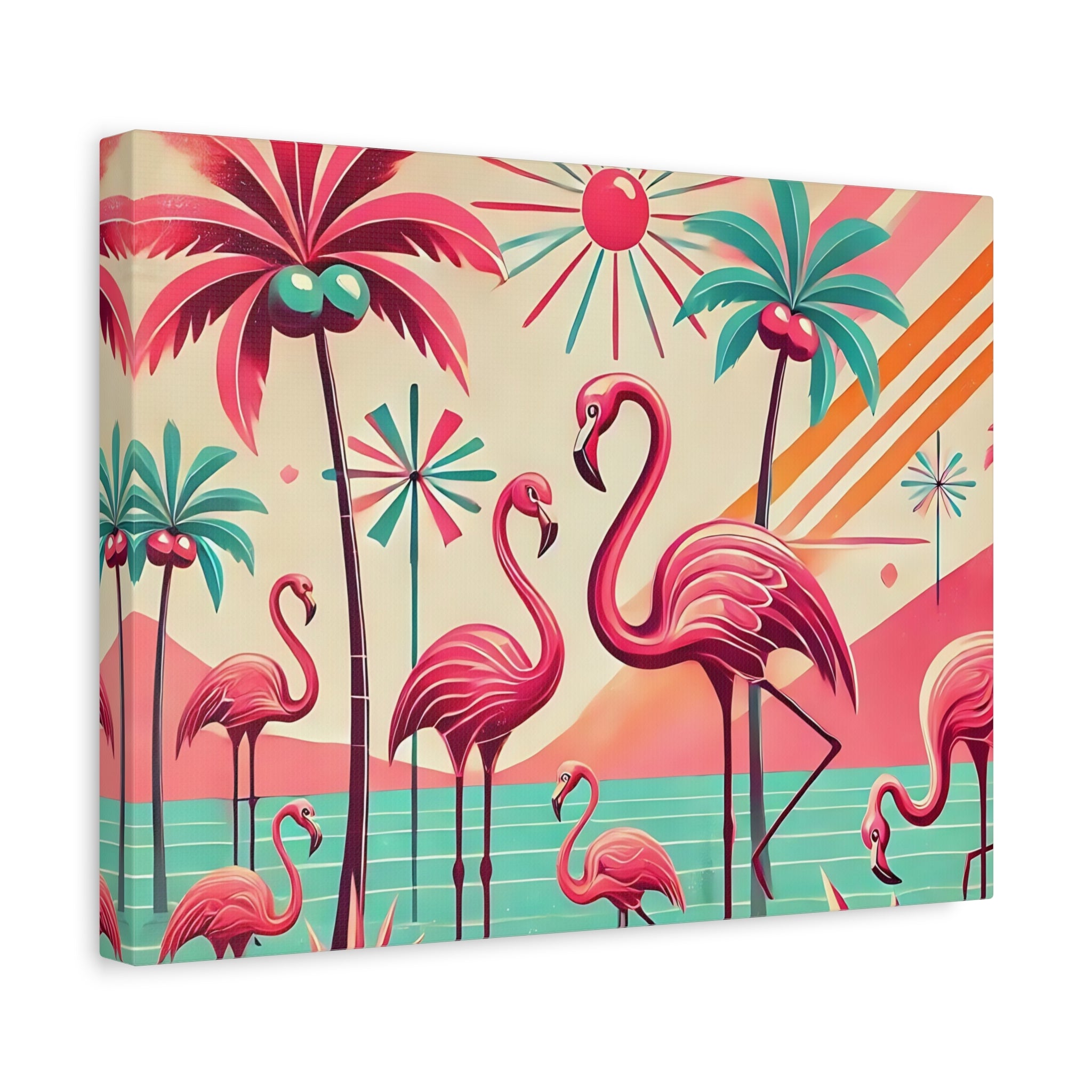 1950s Mid Century Modern Flamingo Art, Kitschy Pink, Teal, MCM Matte Canvas - Mid Century Modern Gal