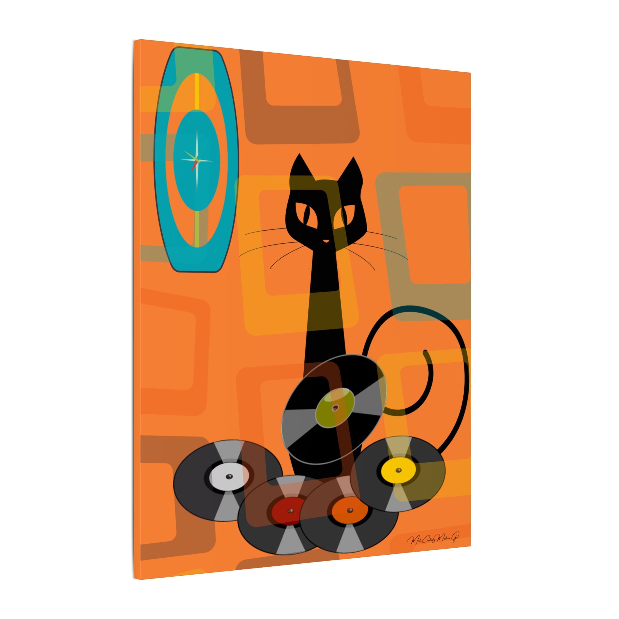 Atomic Cat Retro Groovy Records Mid Century Modern Orange Geometric, Canvas Gallery MCM Mid Mod Wall Art - Mid Century Modern Gal
