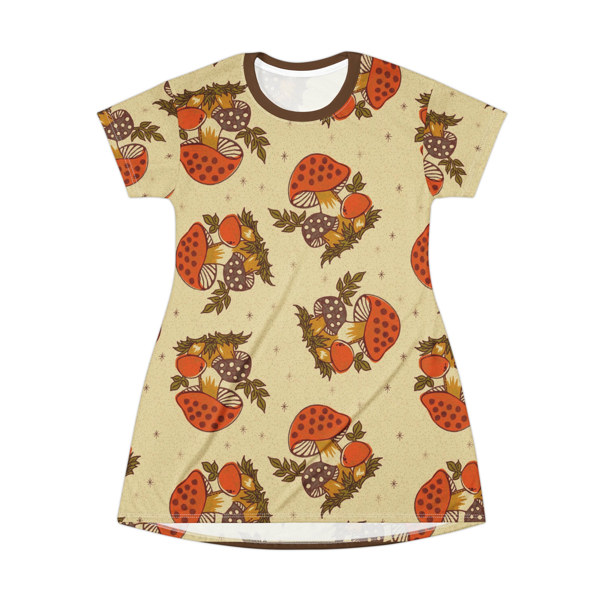 1970s Hippie Clothes, Vintage Merry Mushroom Groovy Retro Party, T-Shirt Dress - Mid Century Modern Gal