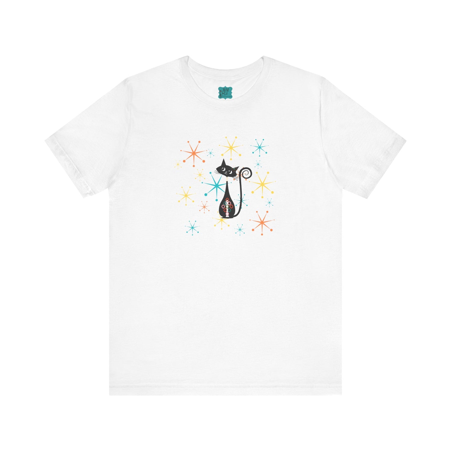 Atomic Cat Mid Century Modern Starburst Whimsical Cat Short Sleeve Tee - Colorful Star Design - Mid Century Modern Gal