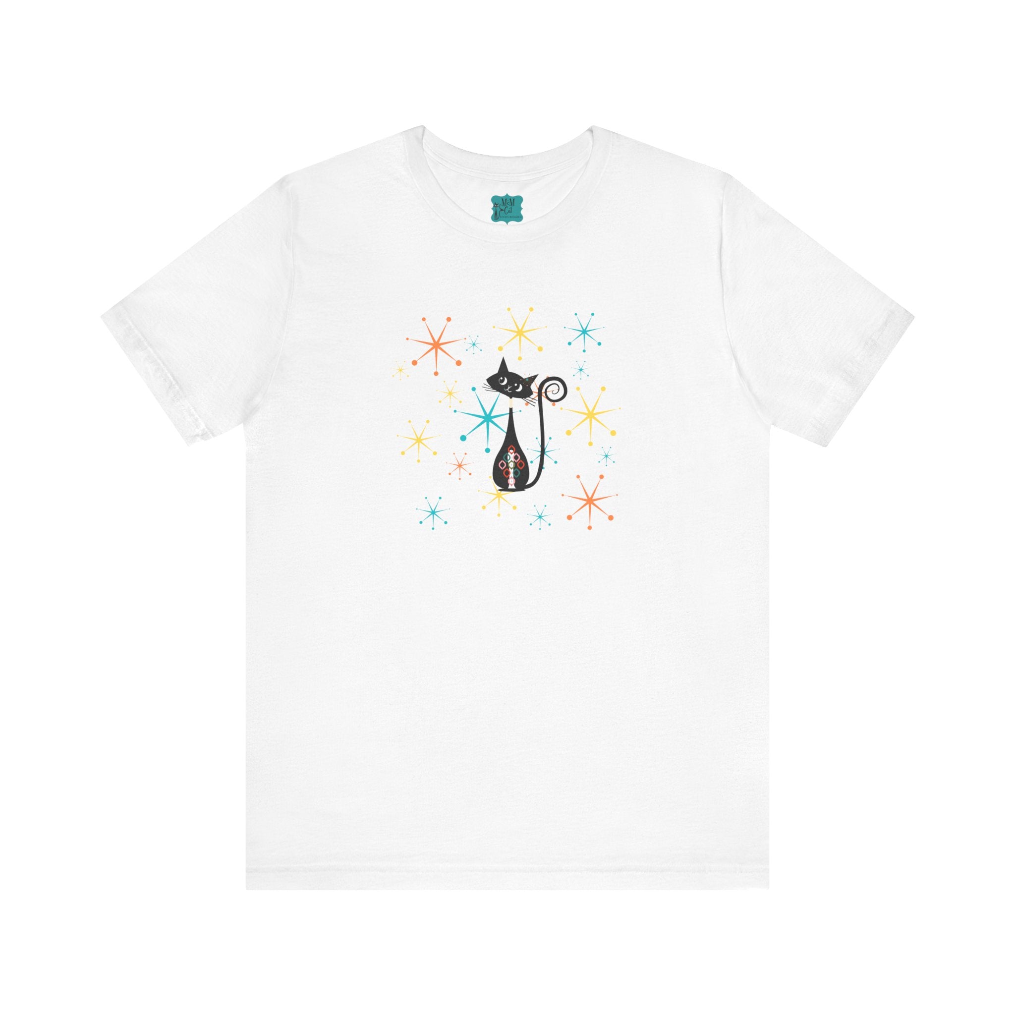 Atomic Cat Mid Century Modern Starburst Whimsical Cat Short Sleeve Tee - Colorful Star Design - Mid Century Modern Gal