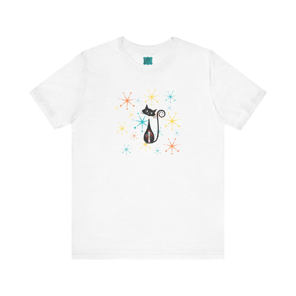 Atomic Cat Mid Century Modern Starburst Whimsical Cat Short Sleeve Tee - Colorful Star Design