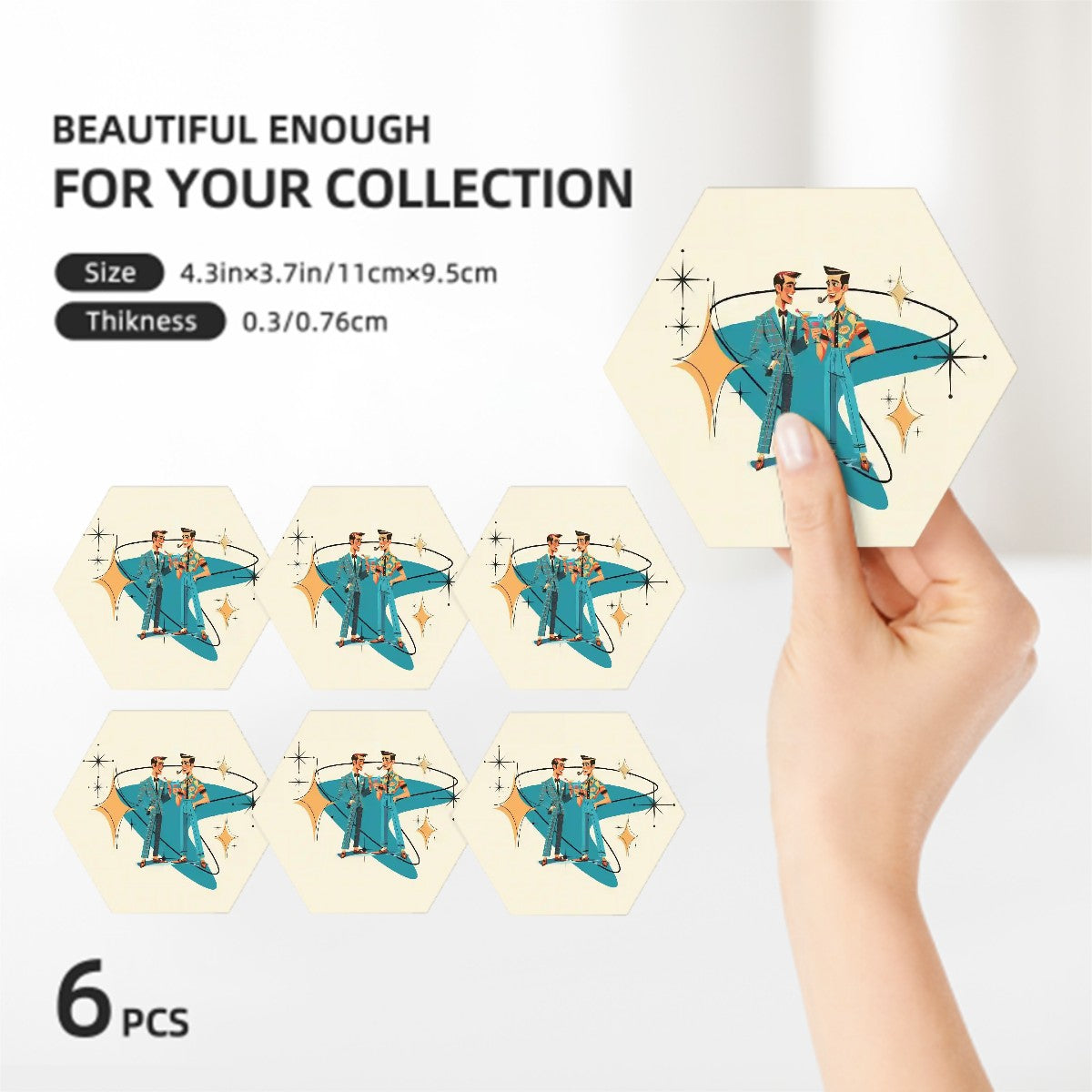 Mid Mod Men, Dapper Dudes Cigar Smoking Mid Century Modern Barware Hexagon Ceramic Coasters Set of 6 - Mid Century Modern Gal
