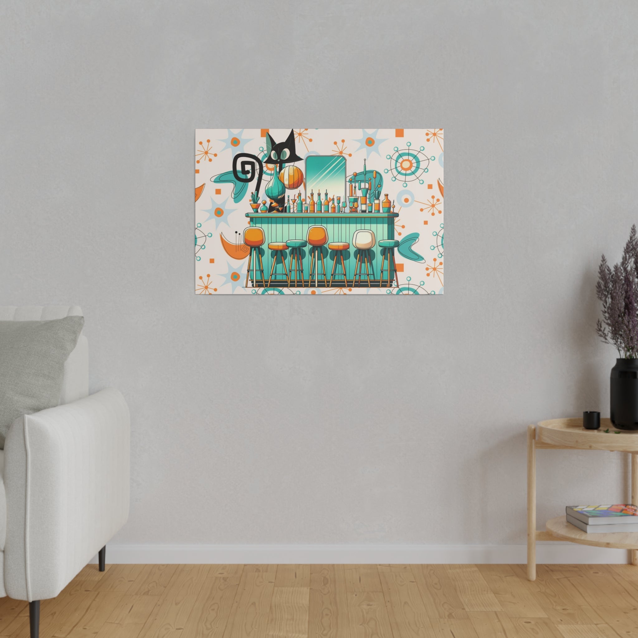 Atomic Cat, Mid Century Modern Kitschy Bar, Orange, Teal Mid Century Modern Wall Art - Mid Century Modern Gal