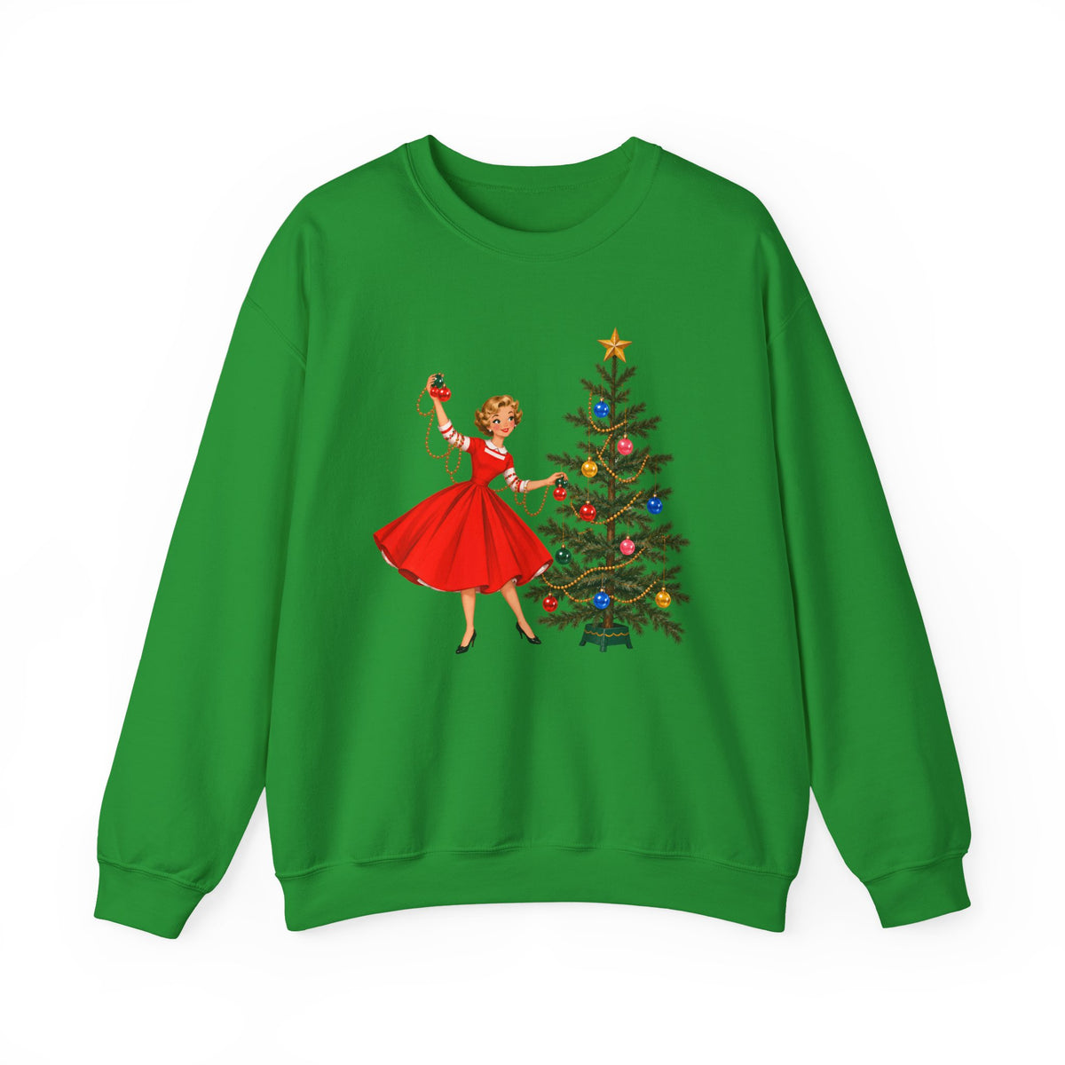 Mid Century Modern Gal Decorating Christmas Tree Unisex Heavy Blend™ Crewneck Sweatshirt - Mid Century Modern Gal