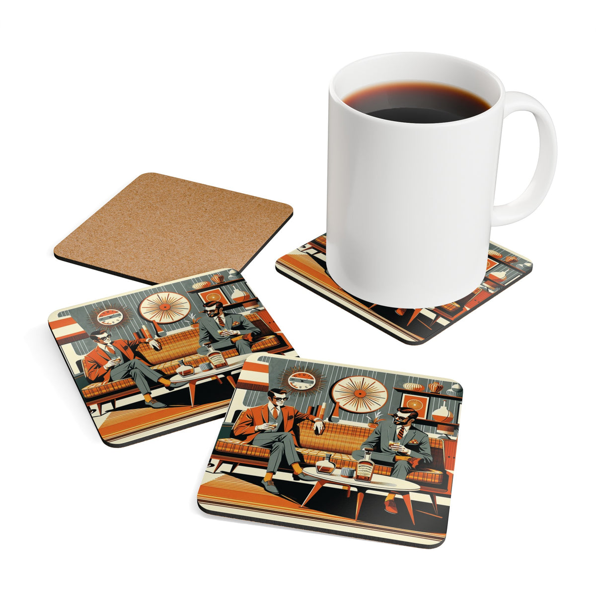 Mid Century Modern Gay Gentleman, Livingroom MCM Barware Kitschy Mod Corkwood Coaster Set - Mid Century Modern Gal