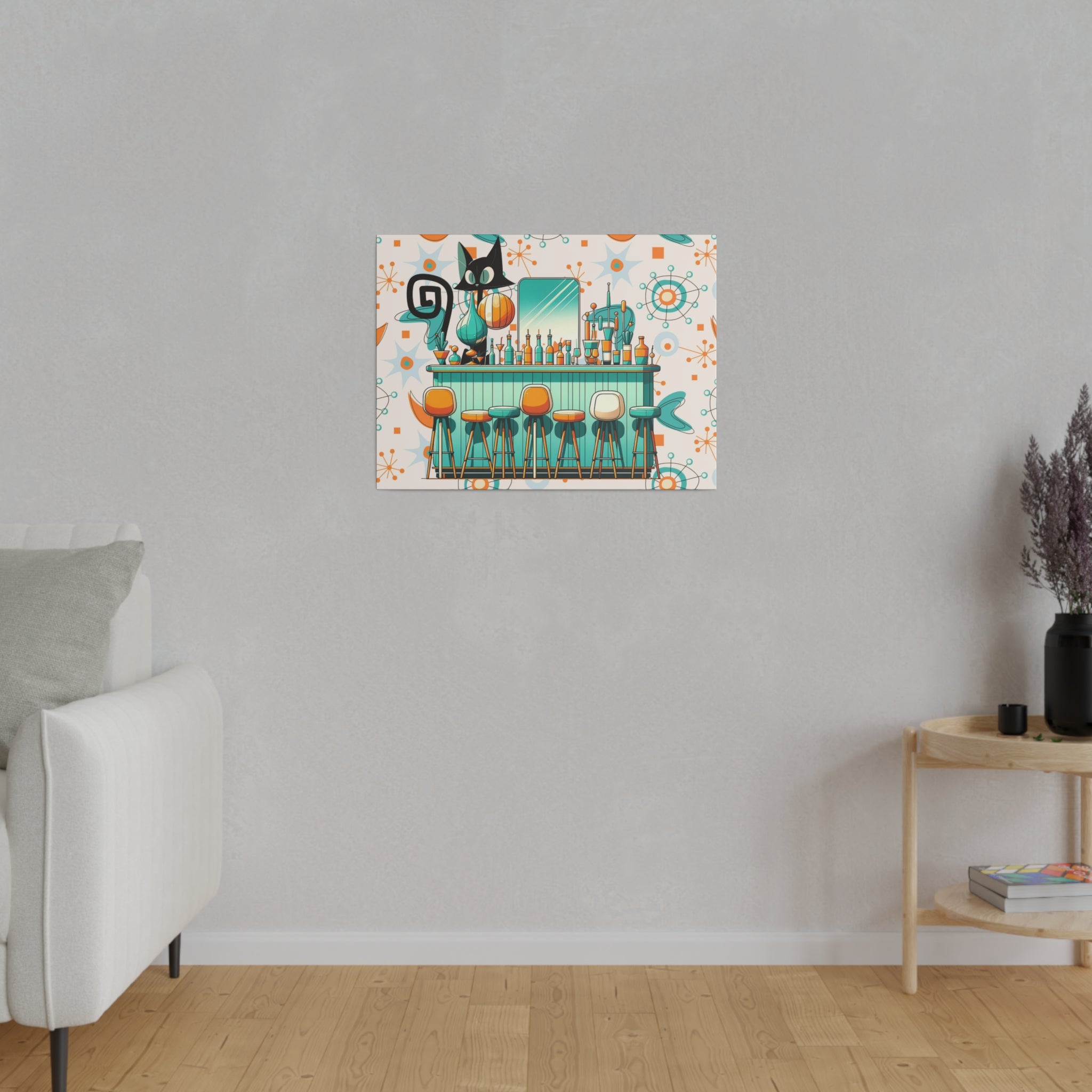 Atomic Cat, Mid Century Modern Kitschy Bar, Orange, Teal Mid Century Modern Wall Art - Mid Century Modern Gal