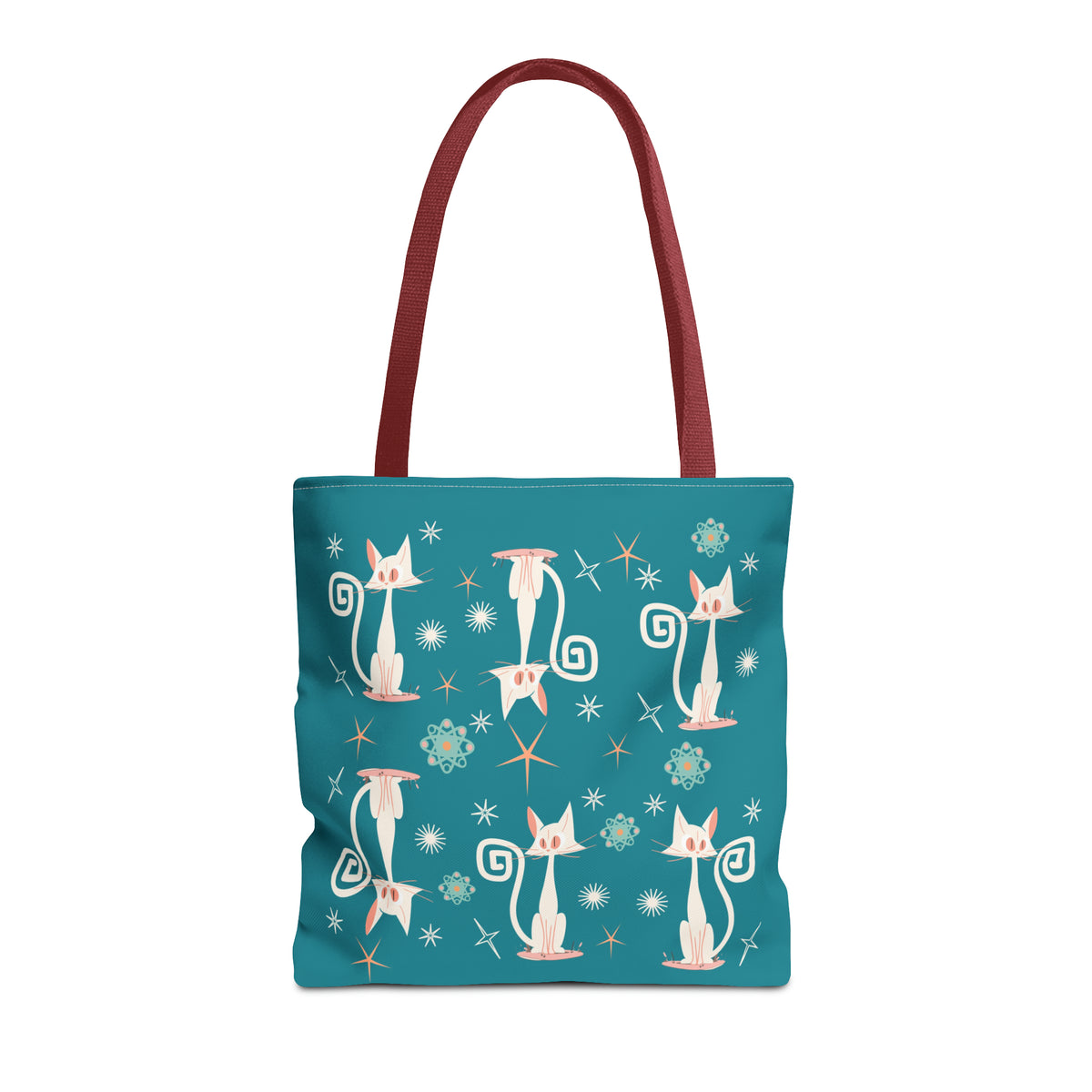 Atomic Kitties, White Kitschy Cats, Coral, Teal, Atomic Age Mid Century Modern Tote Bag - Mid Century Modern Gal