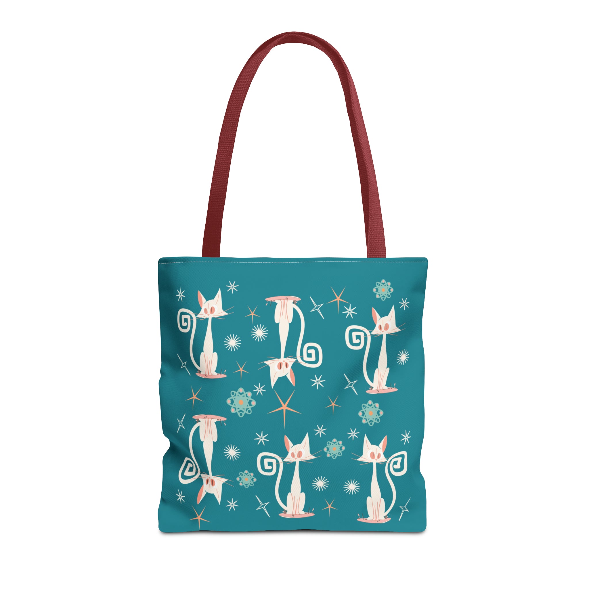 Atomic Kitties, White Kitschy Cats, Coral, Teal, Atomic Age Mid Century Modern Tote Bag - Mid Century Modern Gal