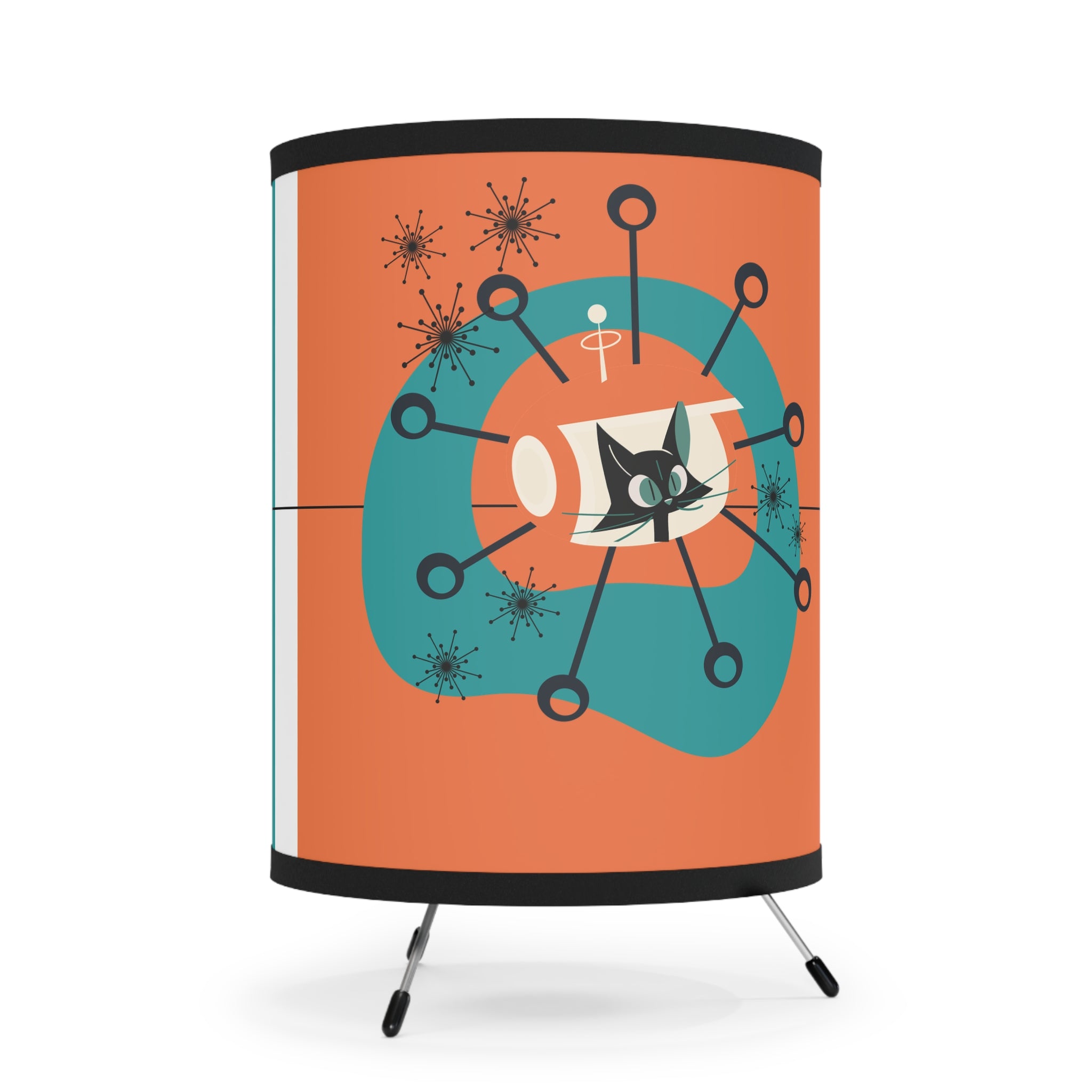 Mid Century Modern Atomic Cat Space Kittie Orange, Teal Tripod Lamp - Mid Century Modern Gal