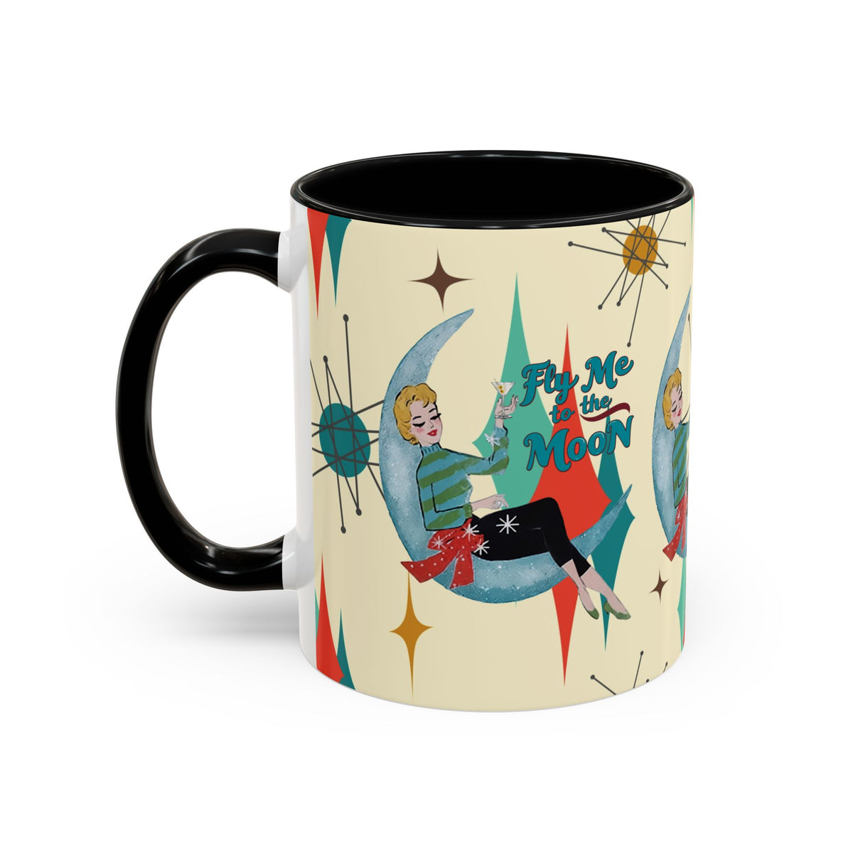 Mid Century Modern Retro Christmas Mug, 'Fly Me to the Moon' Accent Coffee Mug - Vintage Vibe for Coffee Lovers - Mid Century Modern Gal