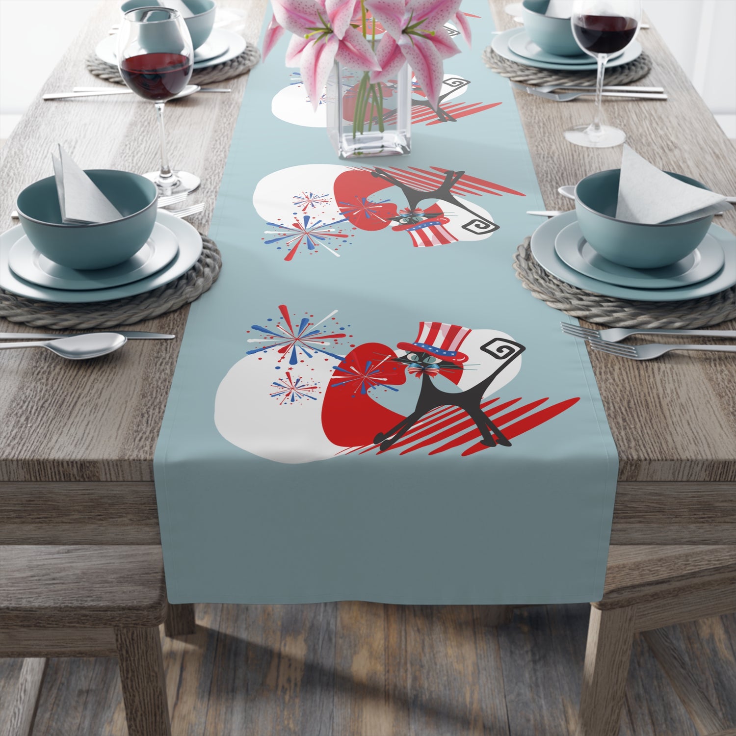 4th Of  July Party Table Accessories With Atomic Cats, Mid Mod Style Patriotic Table Runner - Mid Century Modern Gal