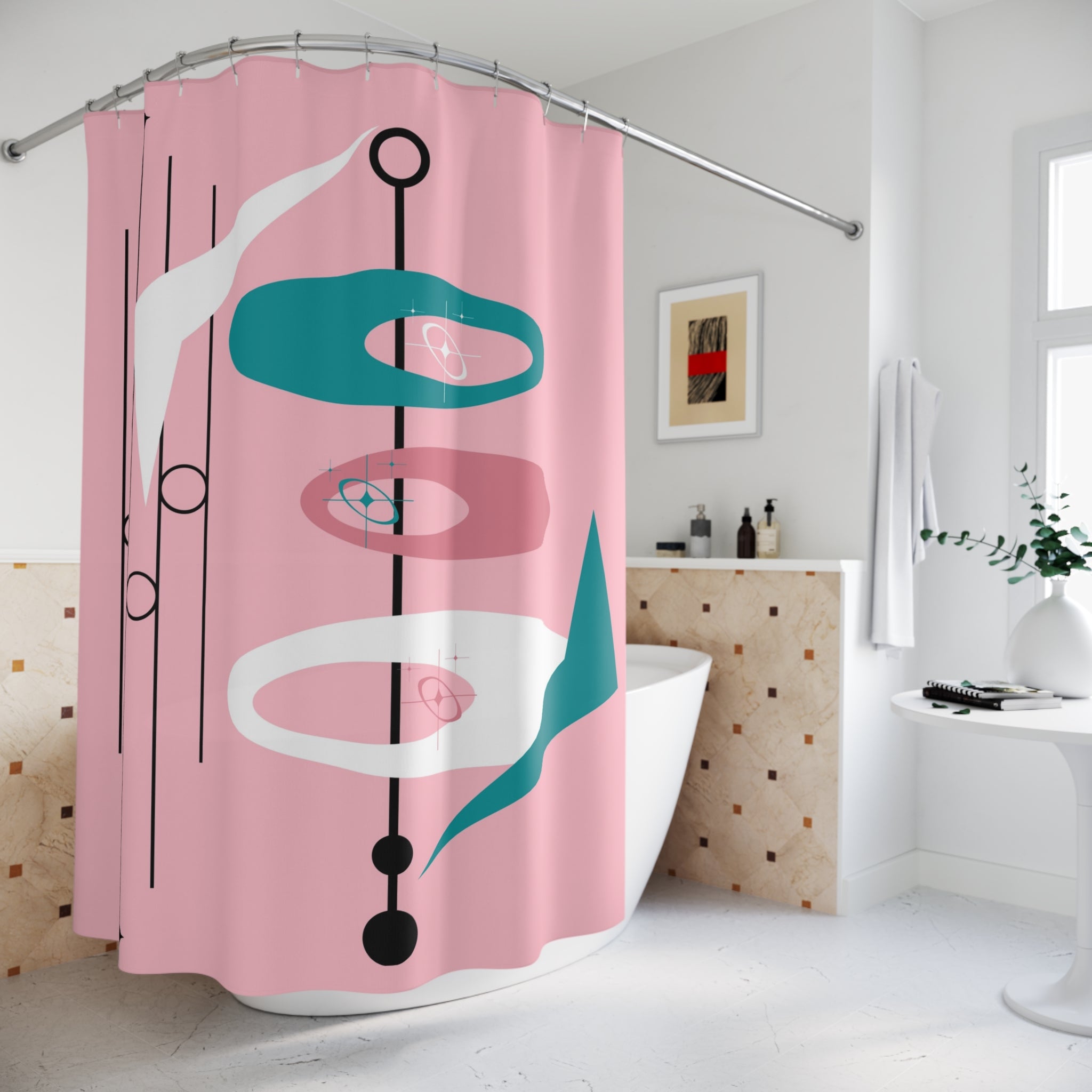 Mid-Century Modern Atomic Pink, Teal, White Retro Shower Curtain - Retro Pink & Teal Design - Mid Century Modern Gal