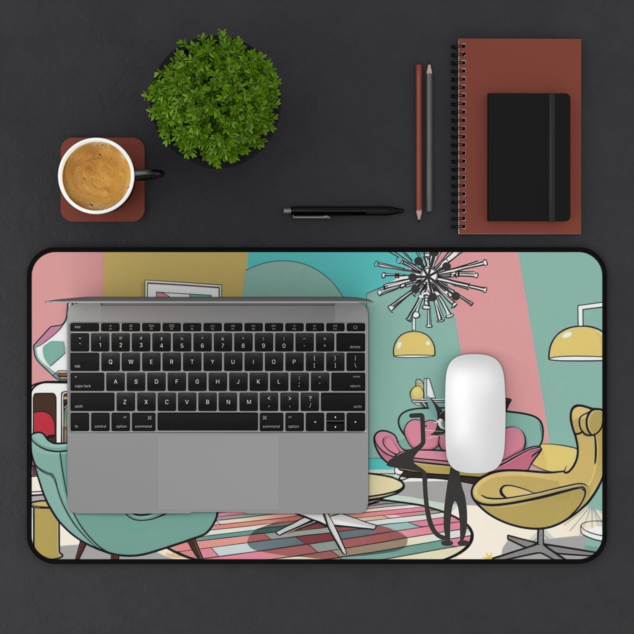 Mid-Century Modern Atomic Kitschy Cats Desk Mat - Stylish Home Office Decor - Mid Century Modern Gal
