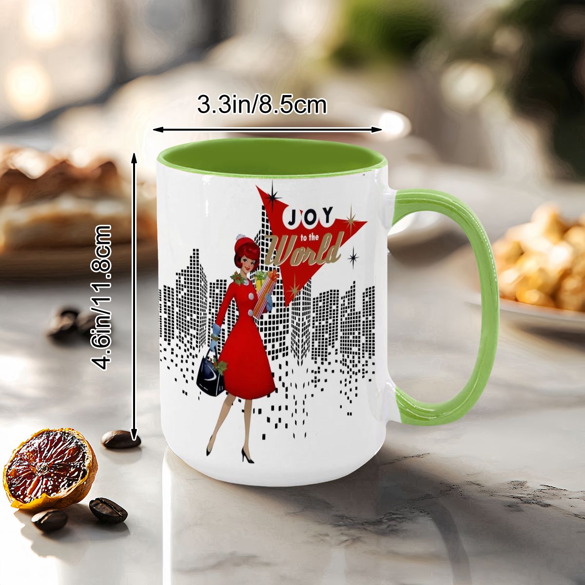Mid Century Modern holiday mug featuring a cityscape design and a retro woman in red, celebrating Christmas joy.