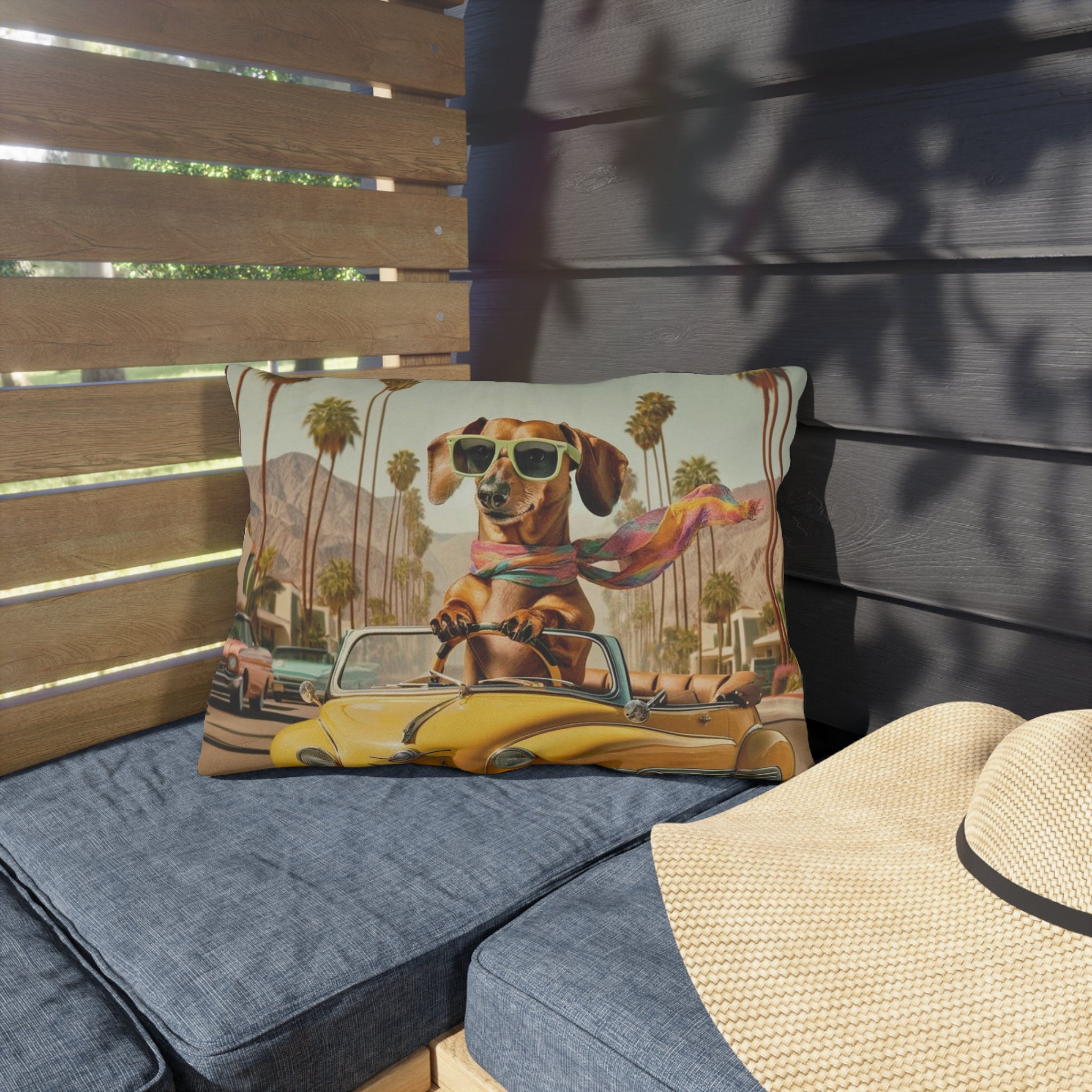 Doxie Dog, Retro Palm Springs Cali Kitschy Fun Outdoor Pillows - Mid Century Modern Gal