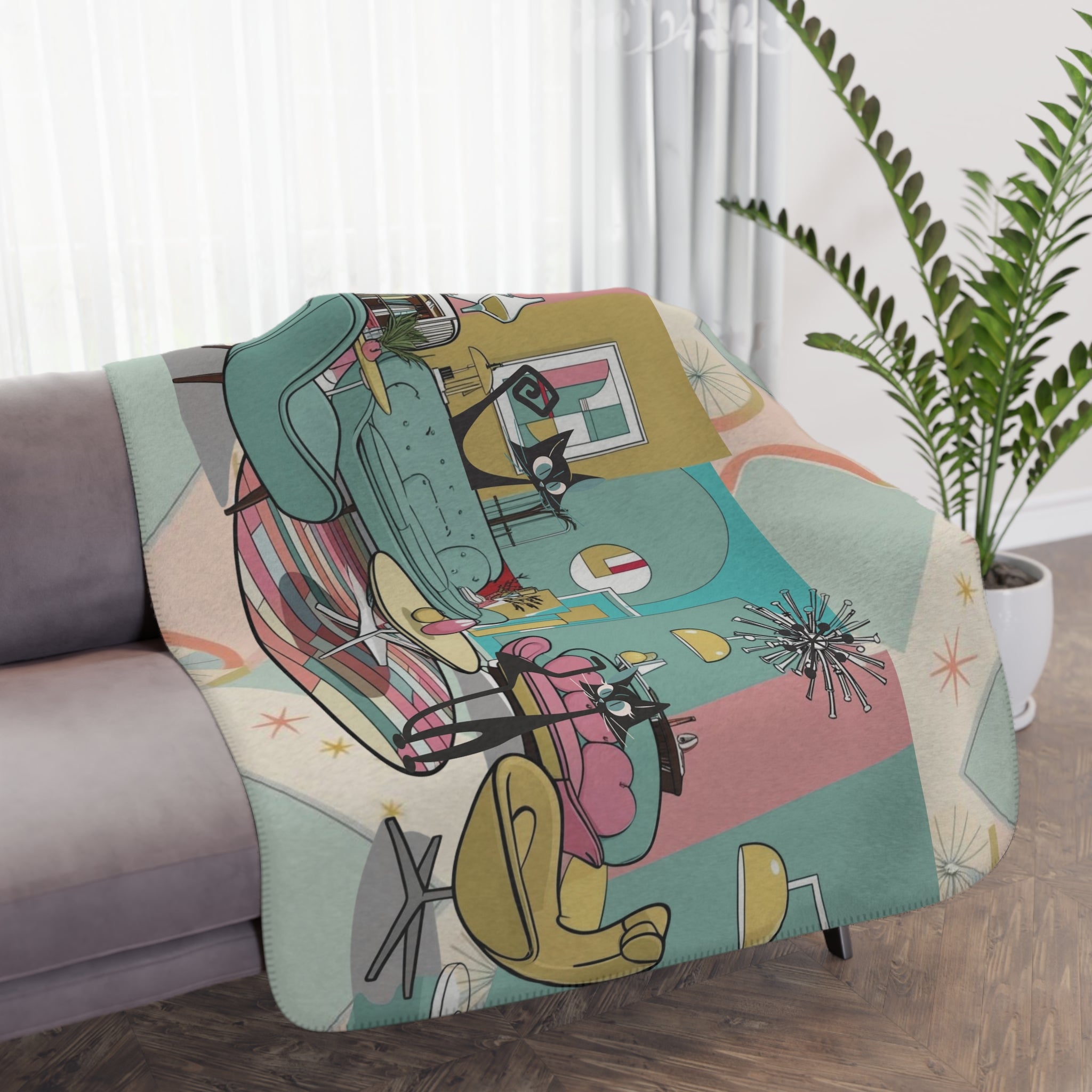 Atomic Cats, Lounging Cozy Cat Mid Century Modern Kitschy Mod Blanket - Mid Century Modern Gal