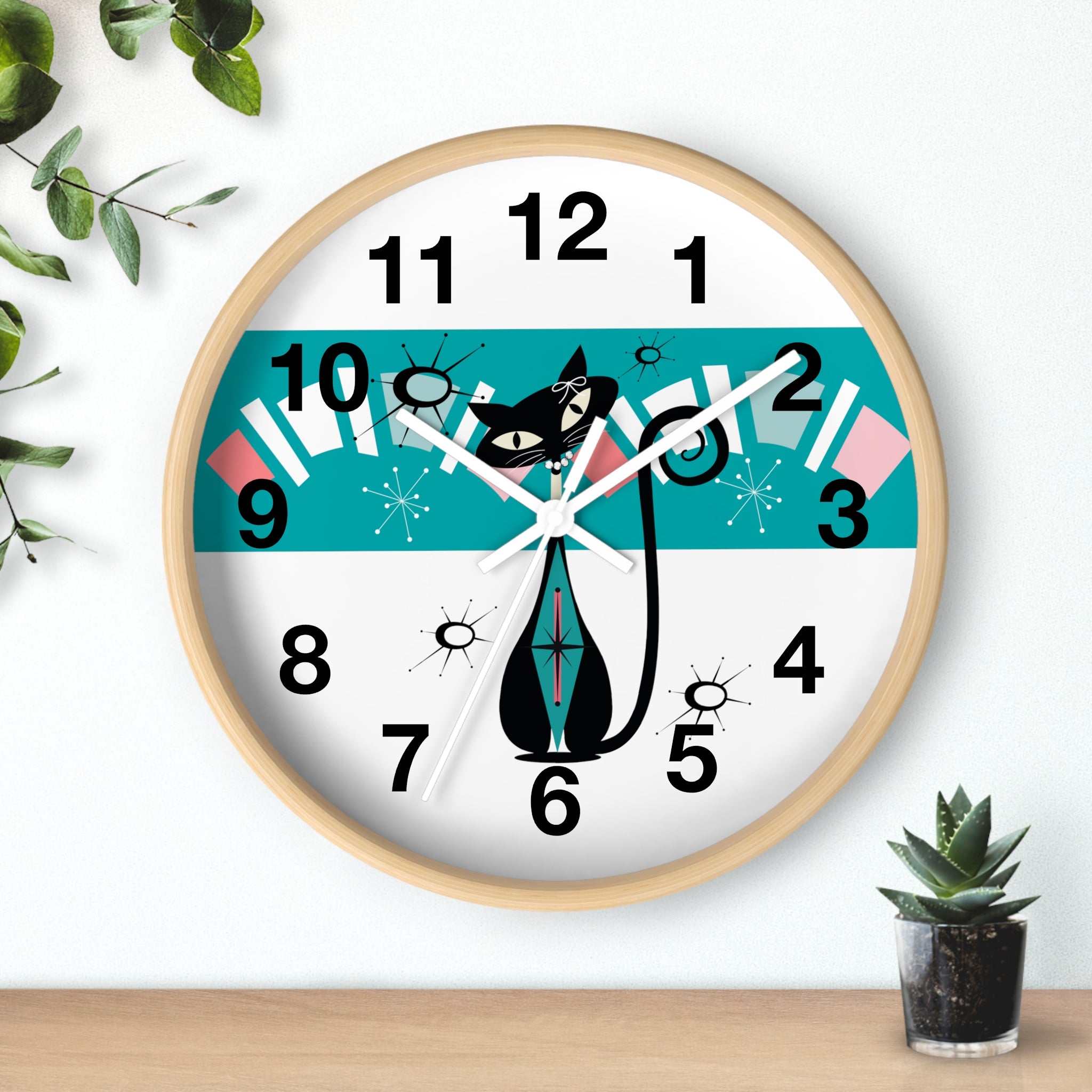 Atomic Cat, Kitschy Retro Mod Minimalist Kitchen, Office, Laundry Room Round Wall Clock - Mid Century Modern Gal