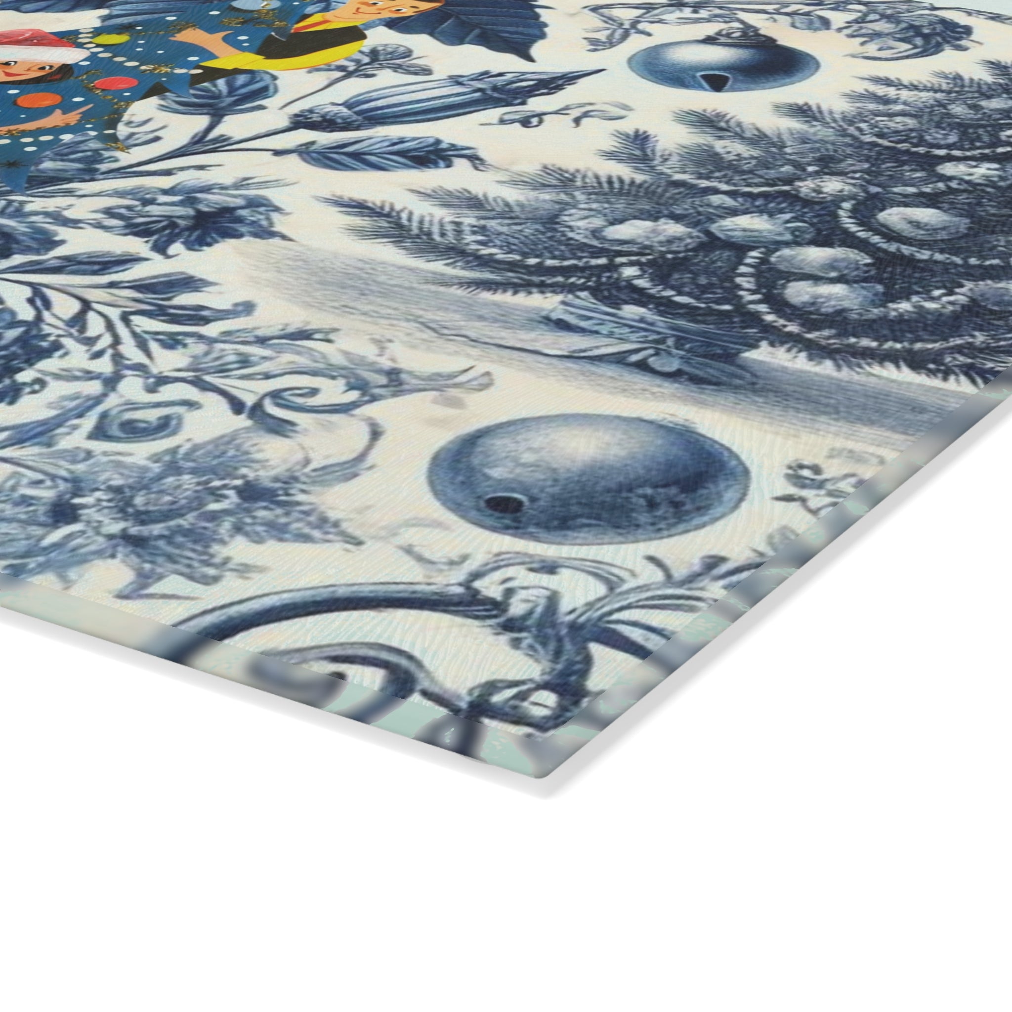 Christmas Toile, Blue White Kitschy Mod 50s Style Holiday Cheese Glass Cutting Board - Mid Century Modern Gal