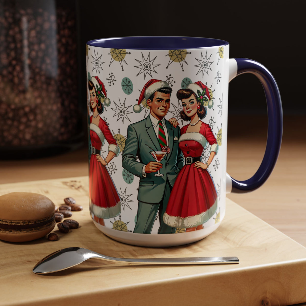 Mid Century Modern mug featuring a 50s Christmas design with a Franciscan Starburst pattern and retro couple in festive attire.
