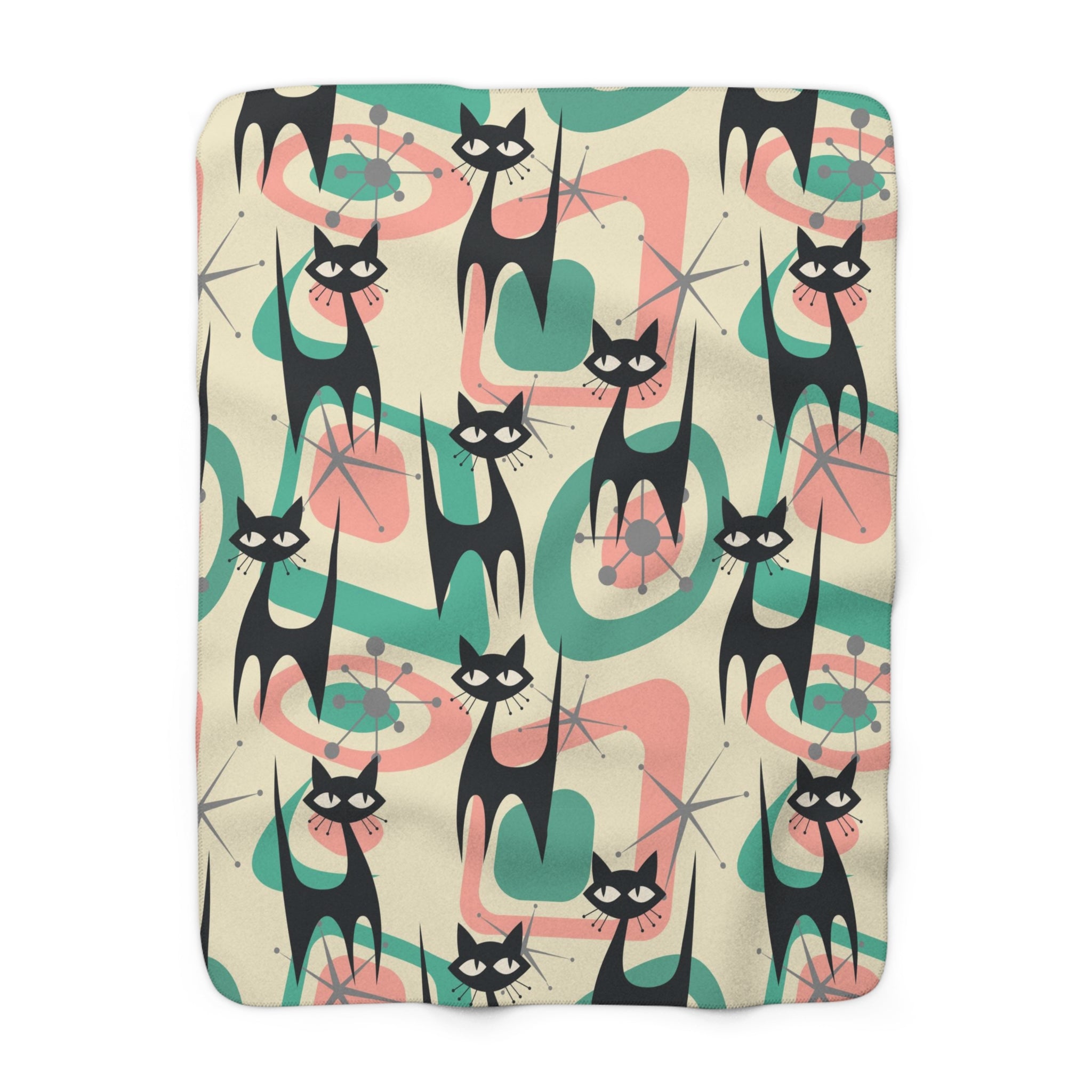 Atomic Home Living, Black Kitschy Cats, Cat Mom Mid Century Modern Designed Sherpa Fleece Blanket - Mid Century Modern Gal